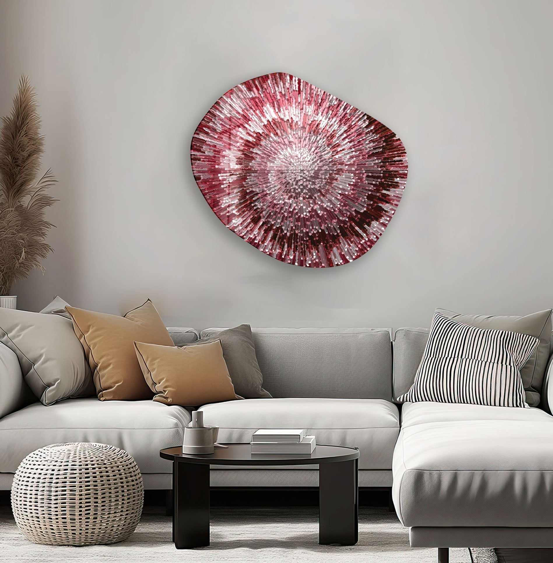 Abstract Red Lines Oval Glass Wall Art - Modern Home Decor for Living Room, Bedroom & Office - Elegant Handmade Glass Artwork