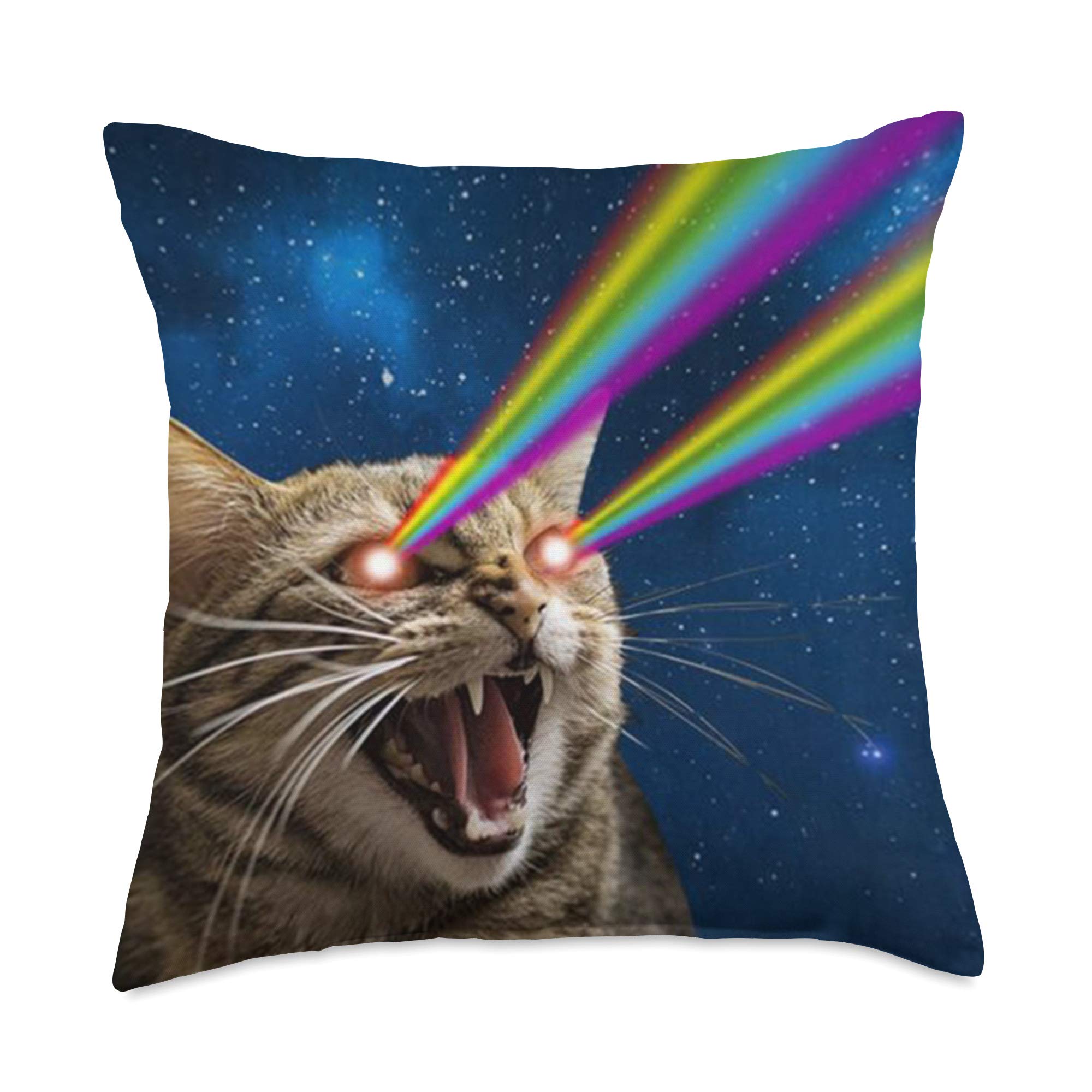 Funny Laser Cat Furry Kitty Rainbow Space Cat Astronaut Throw Pillow - Cute Home Decor for Living Room, Bedroom & Office