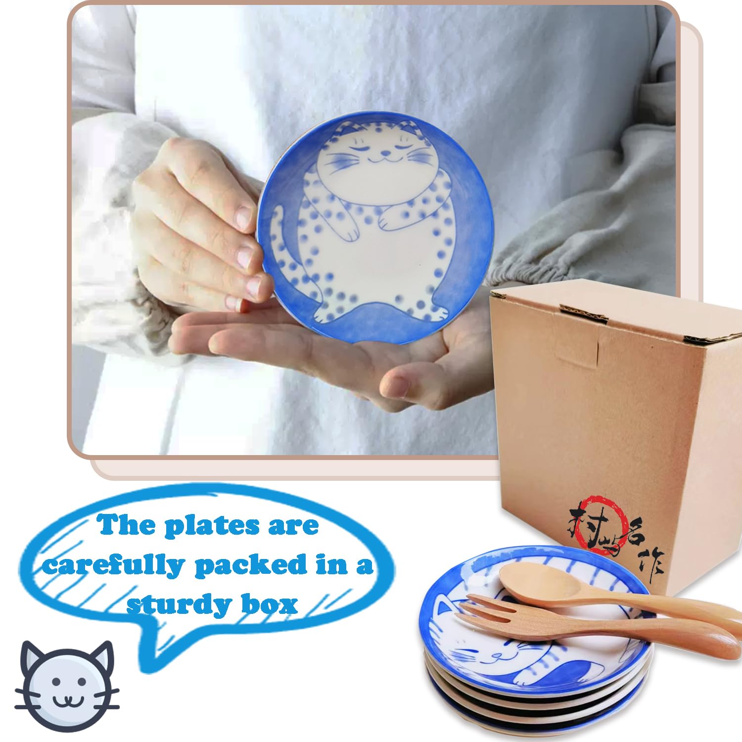 Adorable Cat-Themed Ceramic Dessert Plates Set of 4 - Perfect for Dipping Sauces, Sushi, Appetizers & Soy Sauce - Ideal Cat Lover Gift for Dinnerware Sets (Includes Free Spoon & Fork) - Great for Tea Parties, Japanese Cuisine & Home Decor