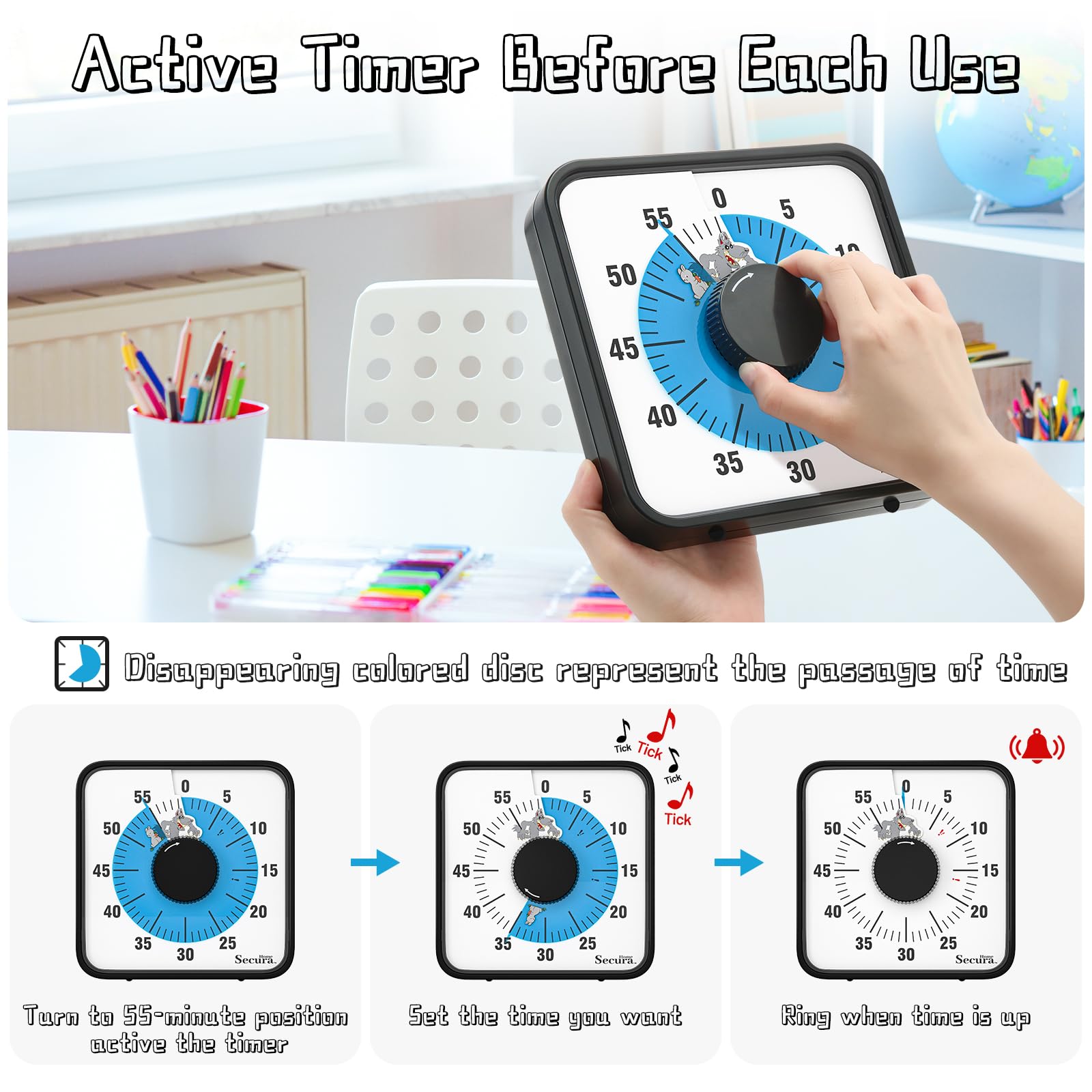 7.5 Inch Large Visual Timer for Kids - 60 Minute Countdown Clock with Cartoon Design, Mechanical Time Management Tool for Classroom, Homework & Parenting (Blue)