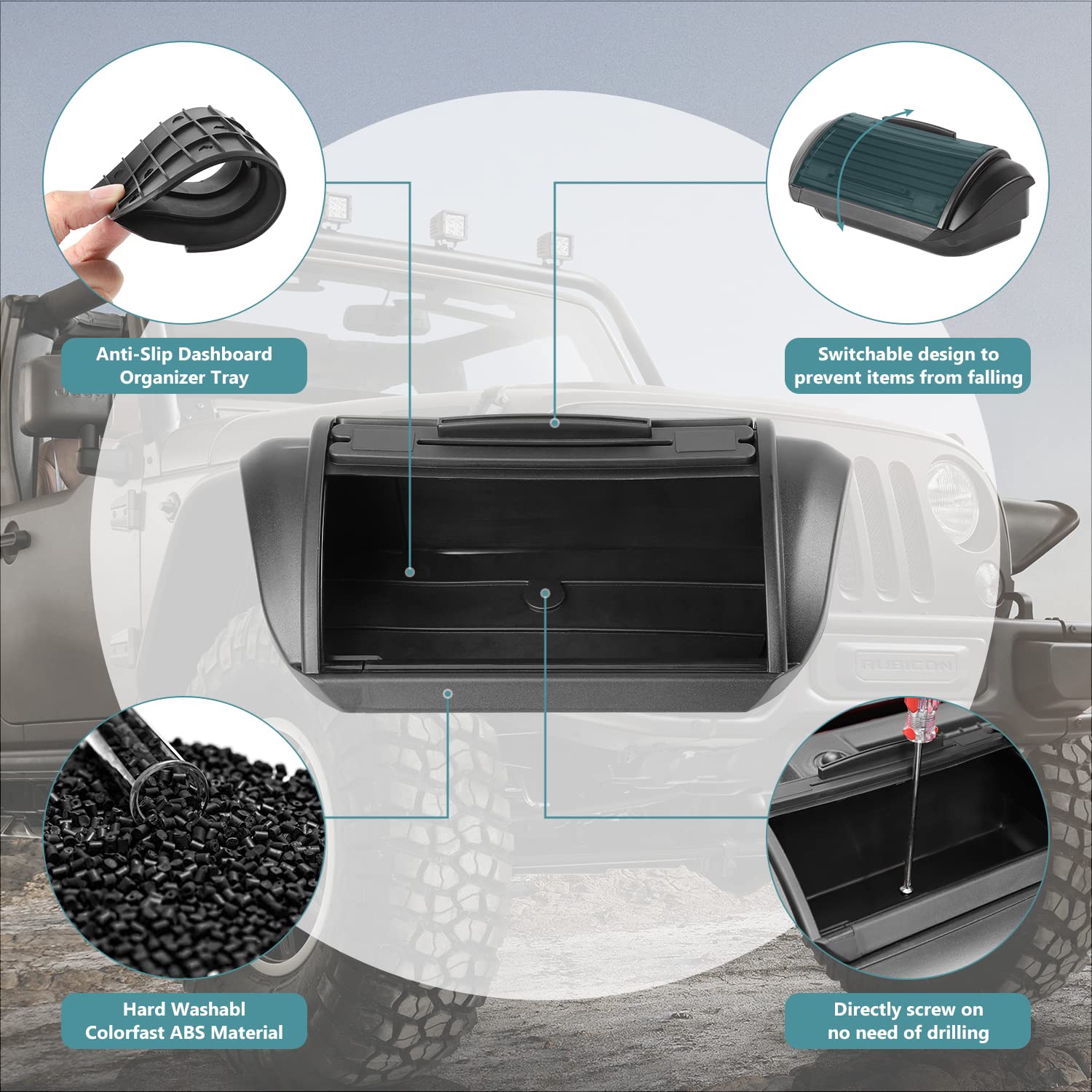 Jeep JK Dashboard Storage Organizer - Interior Accessory Tray Box for 2011-2017 Wrangler JK/JKU (2-Door & 4-Door Models) | Perfect for Sahara, Sport & Rubicon Trims | Keep Your Phone, Keys & Small Items Organized While Off-Roading