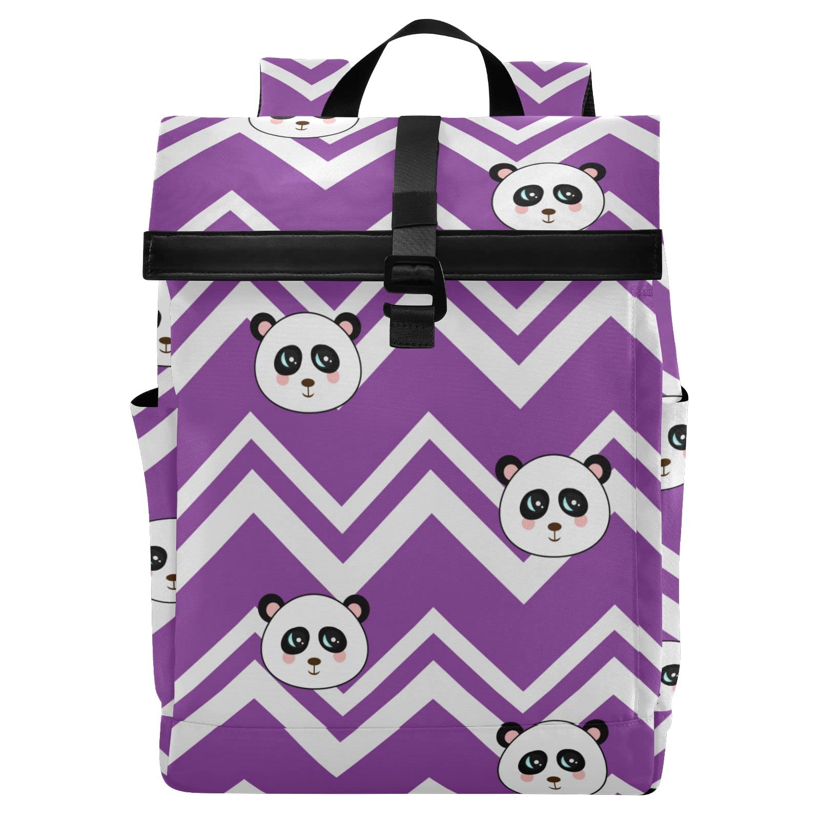 Acpiggto Roll Top Laptop Backpack - Cute Panda Design with Zigzag Stripes in Purple, Waterproof Travel Daypack for Hiking, Gym, Camping & School - Perfect for Work, College & Outdoor Adventures