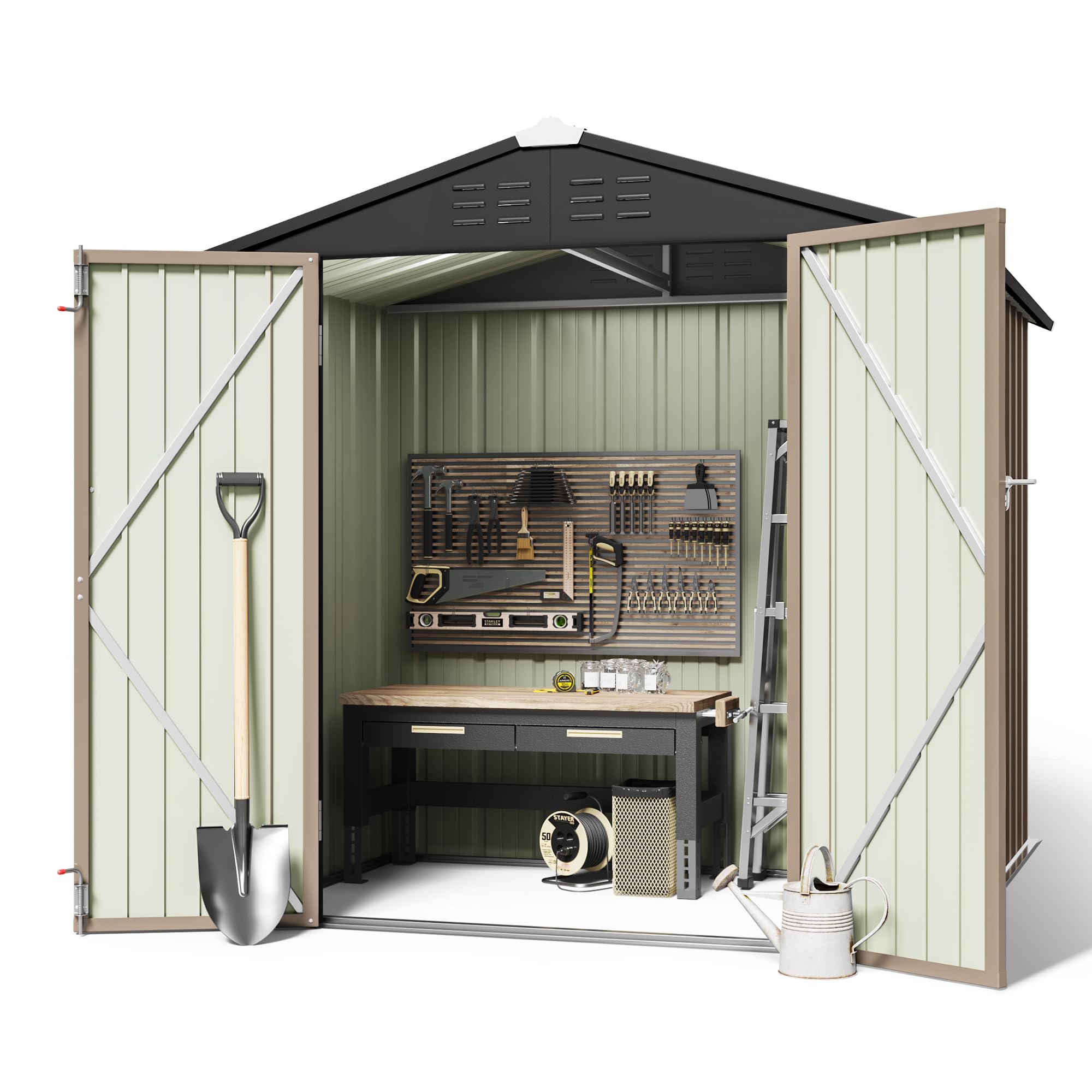 Greesum 6x4 ft Outdoor Storage Shed - Metal Utility Tool & Garden Shed with Lockable Door for Patio, Backyard & Lawn Organization (Brown) | Weatherproof Storage Solution for Gardening Tools, Equipment & Seasonal Items