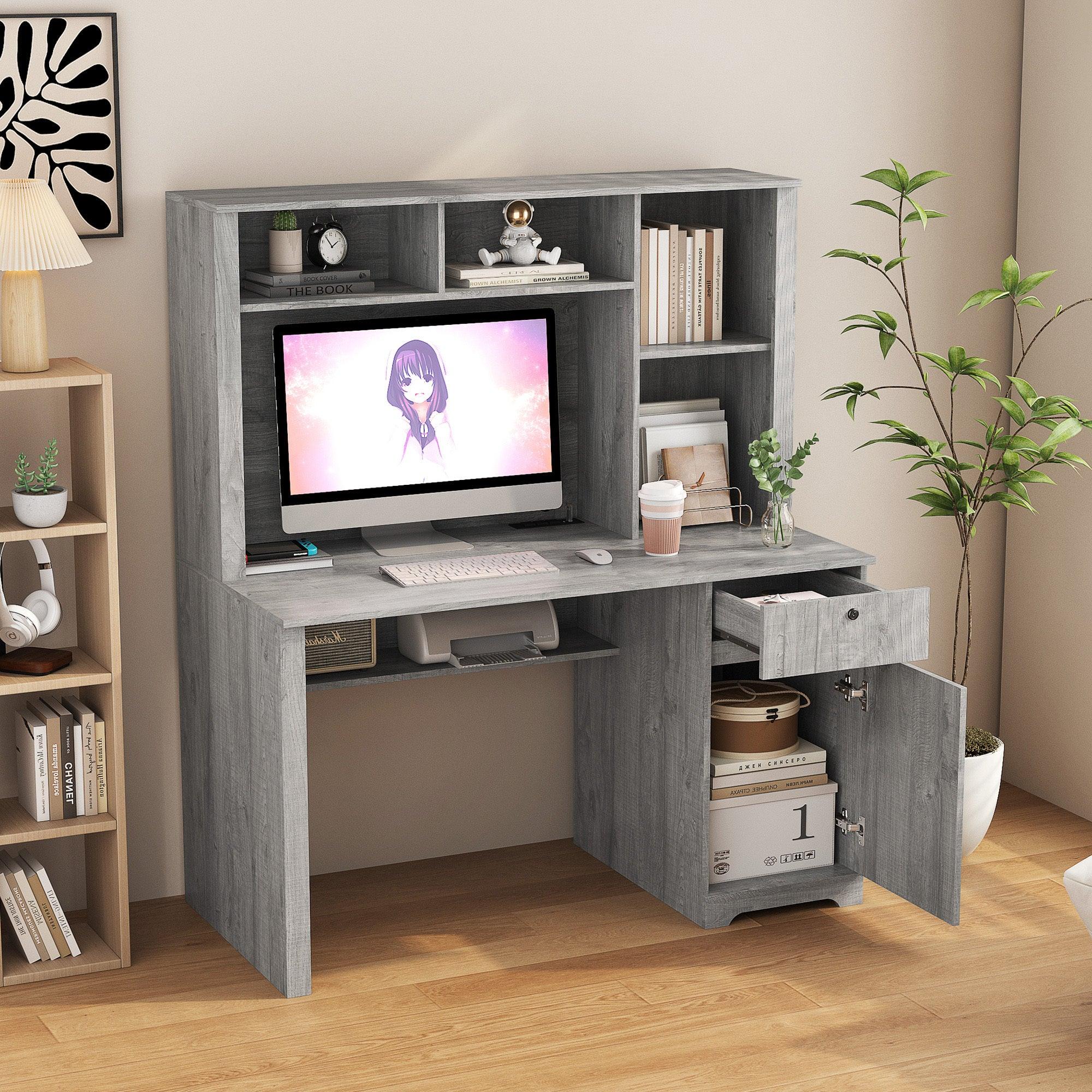 Wooden Computer Desk with Hutch & Bookshelf - Home Office Desk with Drawers, 3 AC Outlets & 2 USB Ports - Study & Writing Desk for Teens, Students & Professionals - Perfect for Small Spaces, Dorm Rooms & Home Offices