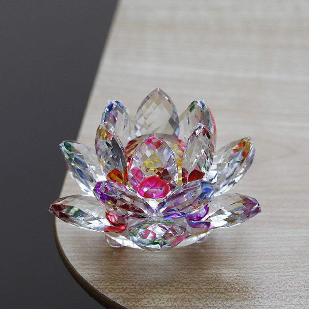 HUANSUN 8cm Quartz Crystal Lotus Flower Feng Shui Ornament - Handmade Glass Decor for Home, Wedding, Party - Colorful Spiritual Gift & Souvenir - Perfect for Meditation Spaces, Office Desk & Zen Decor