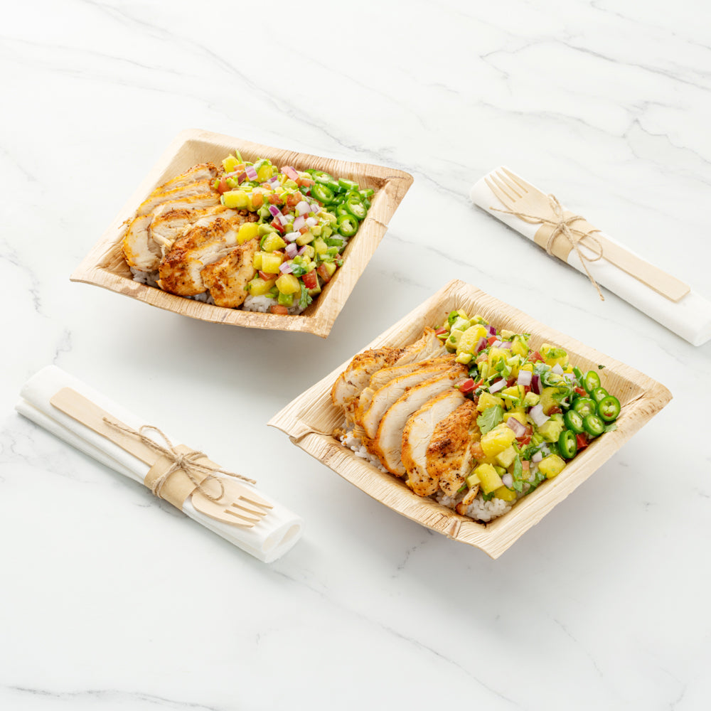 100-Pack Eco-Friendly 12oz Square Palm Leaf Bowls & 100 Bamboo Mini Spoons 3.5