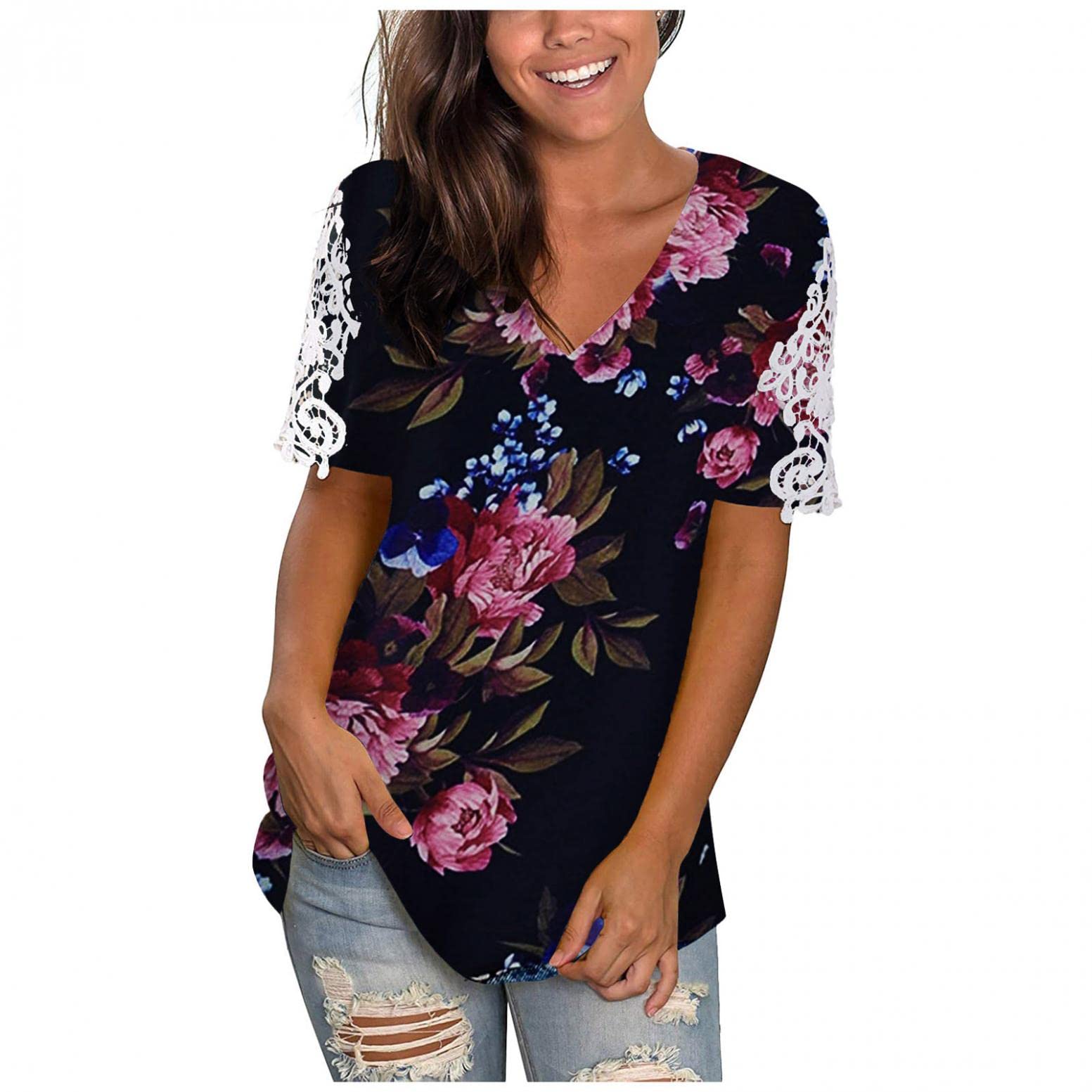 Trendy Women's Graphic Tees - Casual V-Neck Loose Fit Short Sleeve Tops with Hollow Out Lace Design | Perfect for Summer Outfits, Beach Wear & Casual Daily Style