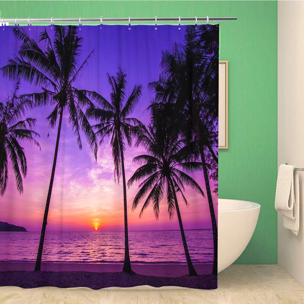 Awowee Purple Beach Palm Trees Sunset Shower Curtain - 72x72 Inch Waterproof Polyester Fabric Bath Curtain Set with Hooks - Tropical Bathroom Decor for Summer, Beach House, or Vacation Home