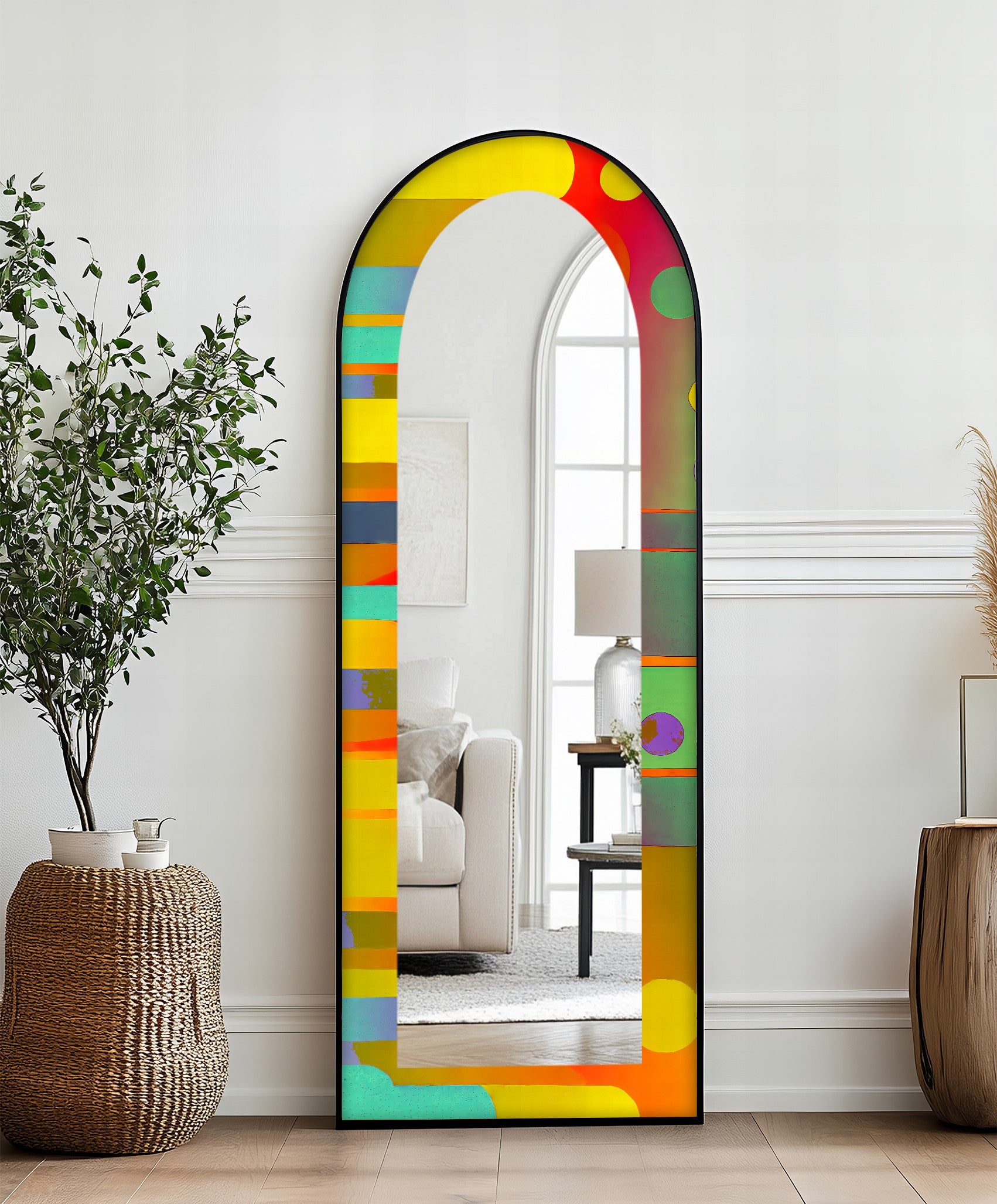 Abstract Circle and Stripe Full Length Floor Mirror - Modern Decorative Wall Mirror for Bedroom, Living Room & Entryway