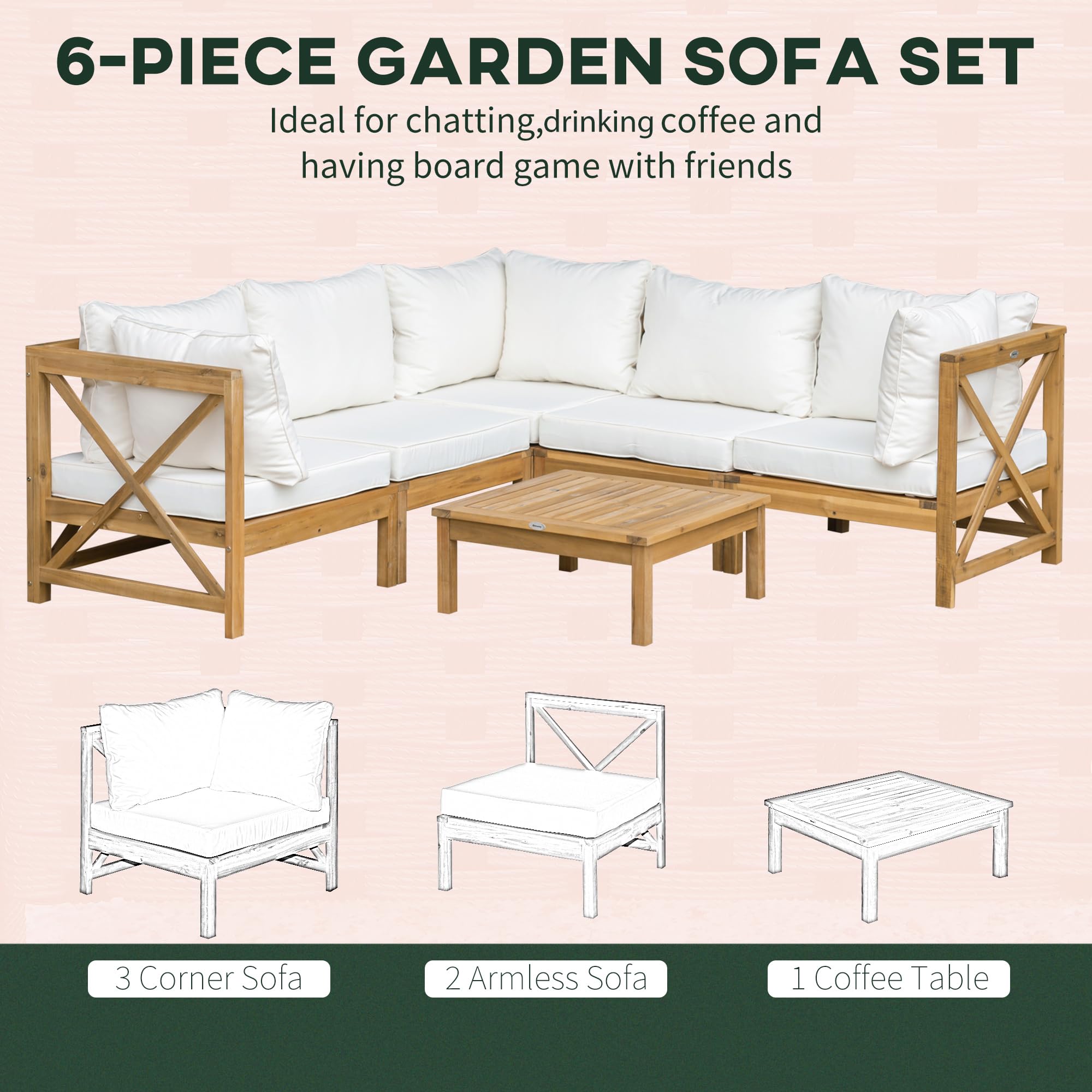 Outsunny 6-Piece Acacia Wood Patio Furniture Set with Cushions - Outdoor Sectional Sofa & Coffee Table Conversation Set in Cream White - Perfect for Backyard, Garden, Poolside & Patio Relaxation