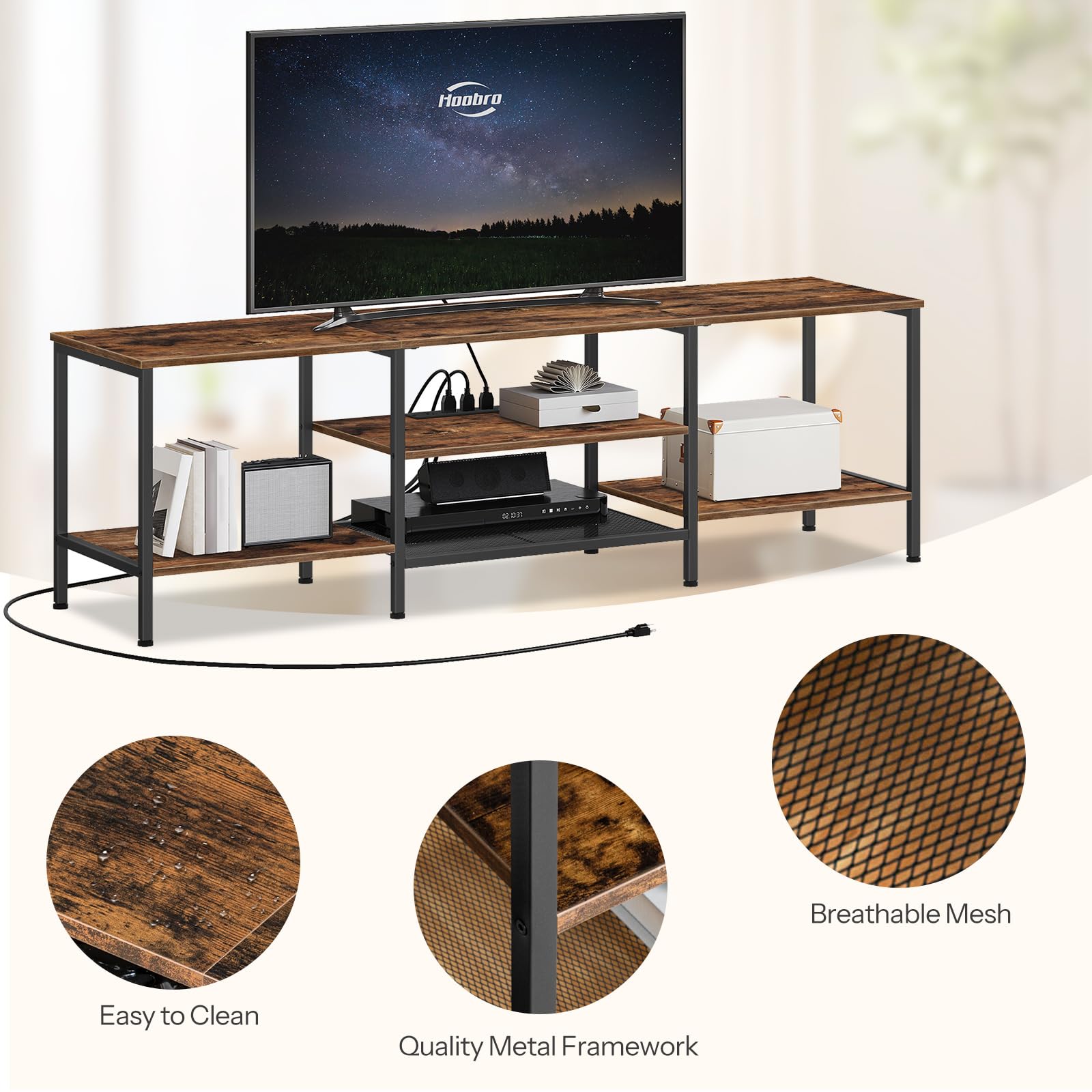HOOBRO 75 Inch TV Stand with Power Outlets, Industrial TV Console Table with Open Storage Shelves & Cabinet, Rustic Brown & Black Entertainment Center for Living Room & Bedroom - Perfect for Gaming, Movie Nights & Home Theater Setup (Model BF60DS01)