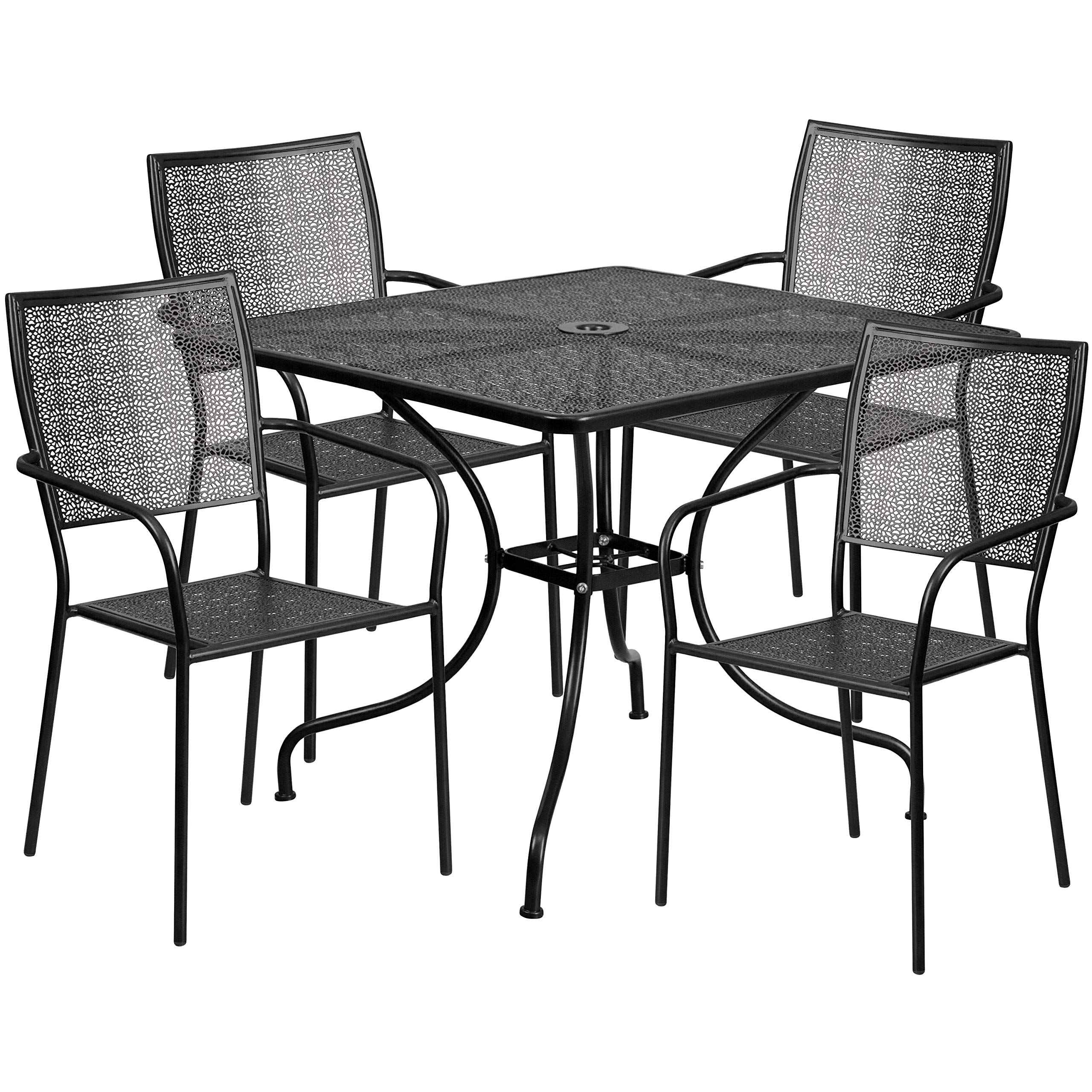 EMMA + OLIVER 35.5 Inch Square Black Outdoor Patio Dining Table Set with 4 Chairs - Heavy Duty Commercial Grade Metal Furniture for Restaurant, Cafe, Garden & Backyard