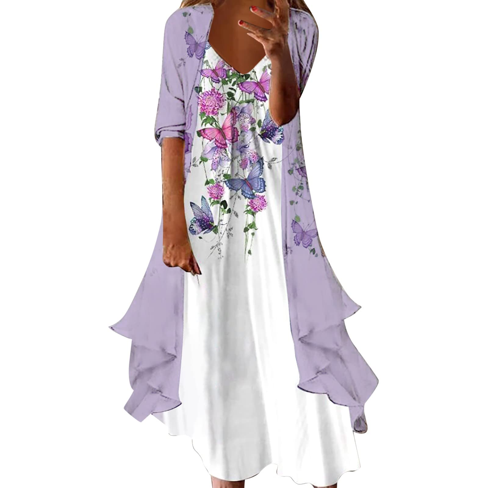 Women's Floral Print Summer Maxi Dress Two-Piece Set with Cardigan - Flowy Chiffon Long Dress for Wedding Guest, Beach Vacation & Special Occasions