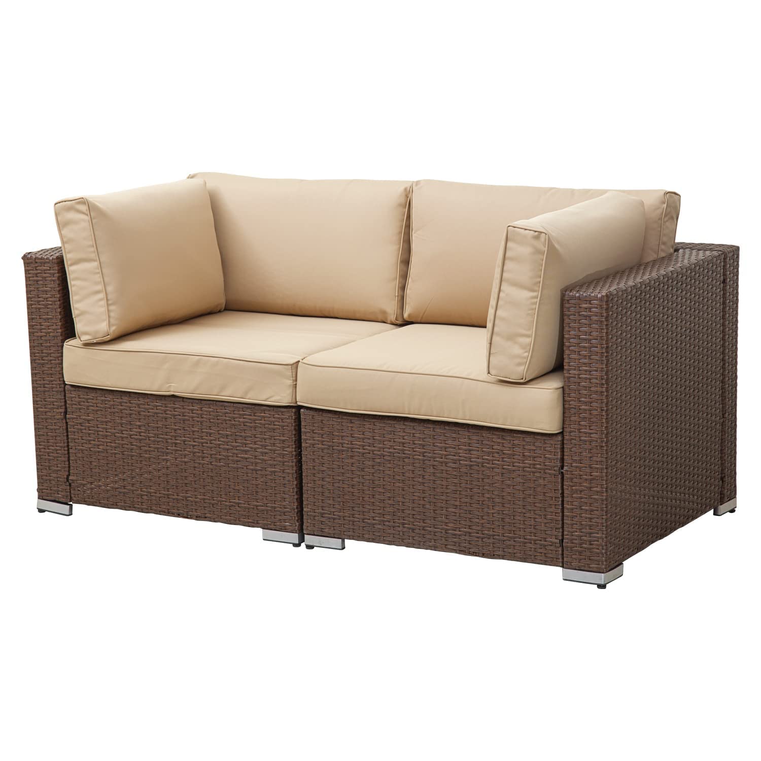 FYRICKYLINOO 2-Piece Outdoor Patio Furniture Set - All-Weather Wicker Loveseat & Garden Conversation Chairs with Thick Beige Cushions - Brown Rattan Corner Sofa for Backyard, Deck, Poolside & Balcony