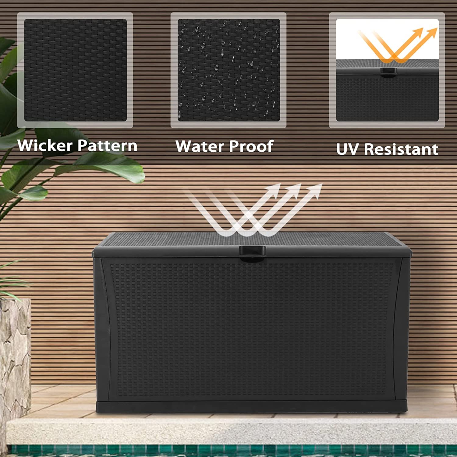 120 Gallon Outdoor Storage Deck Box - Weatherproof Resin Container for Patio, Garden & Deck - Black - Perfect for Storing Cushions, Pool Toys & Outdoor Gear