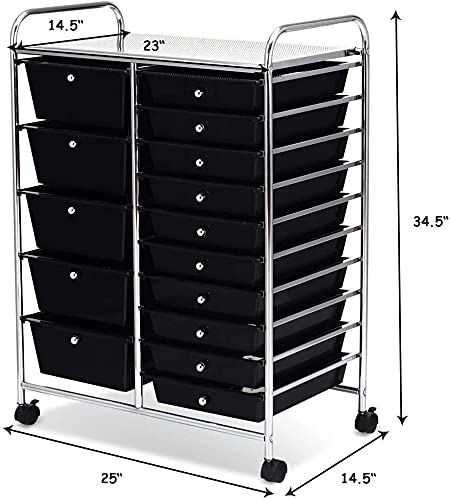 BETTARY 15 Drawer Rolling Cart with Removable Drawers & 4 Universal Wheels - Multipurpose Lightweight Tool Organizer for Scrapbook Paper, Office Supplies, Crafts - Perfect for Supermarket, School, Office & Home Organization (Black) | Space-Saving Storage Solution for Small Rooms & Workstations