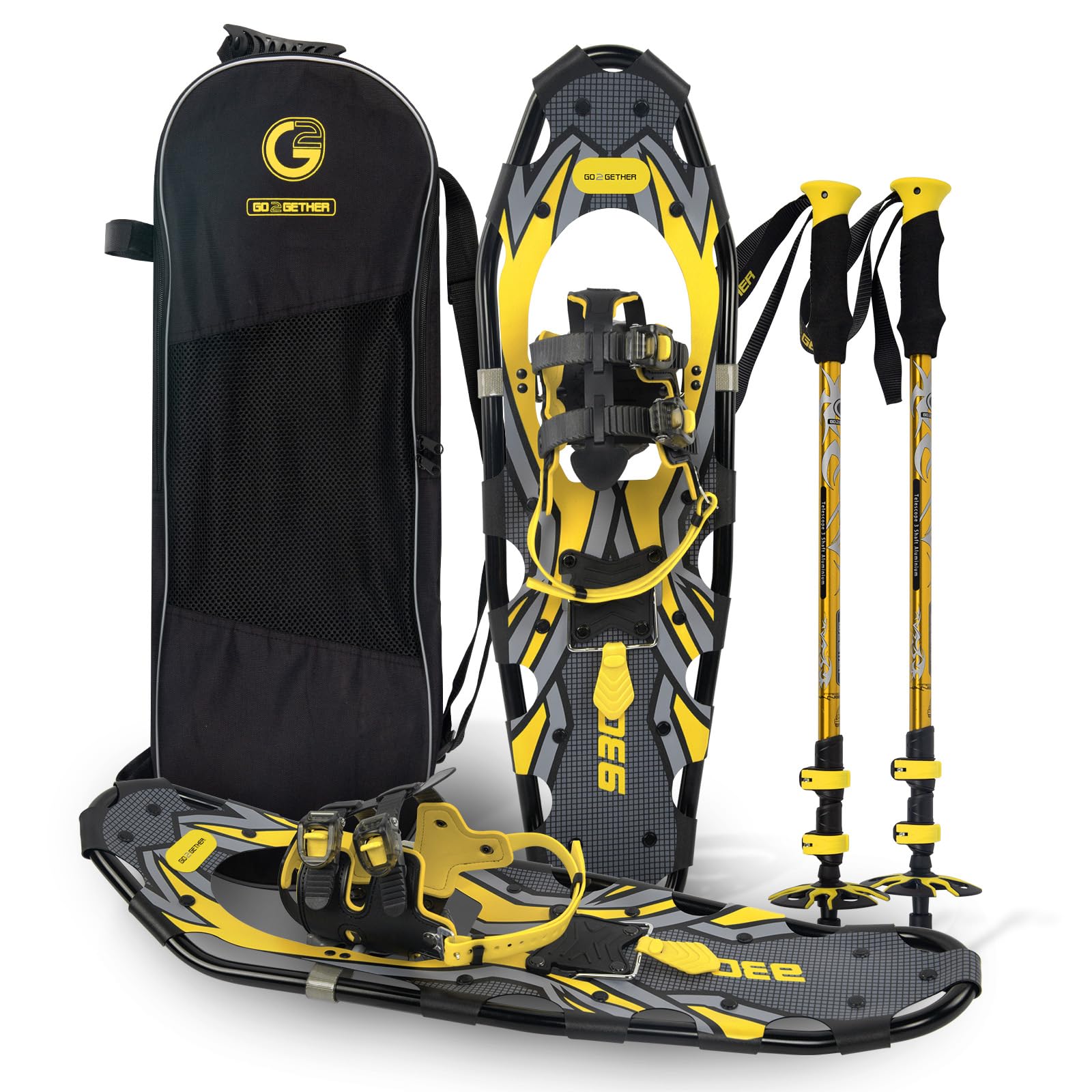 G2 21/25/30/36 Inch Lightweight Snowshoes with Toe Box - EVA Padded Ratchet Binding, Heel Lift, Flexible Pivot Bar & Durable Back Strap - Includes Trekking Poles, Carrying Bag & Snow Baskets (5 Colors) - Perfect for Winter Hiking, Backpacking & Snow Adventures