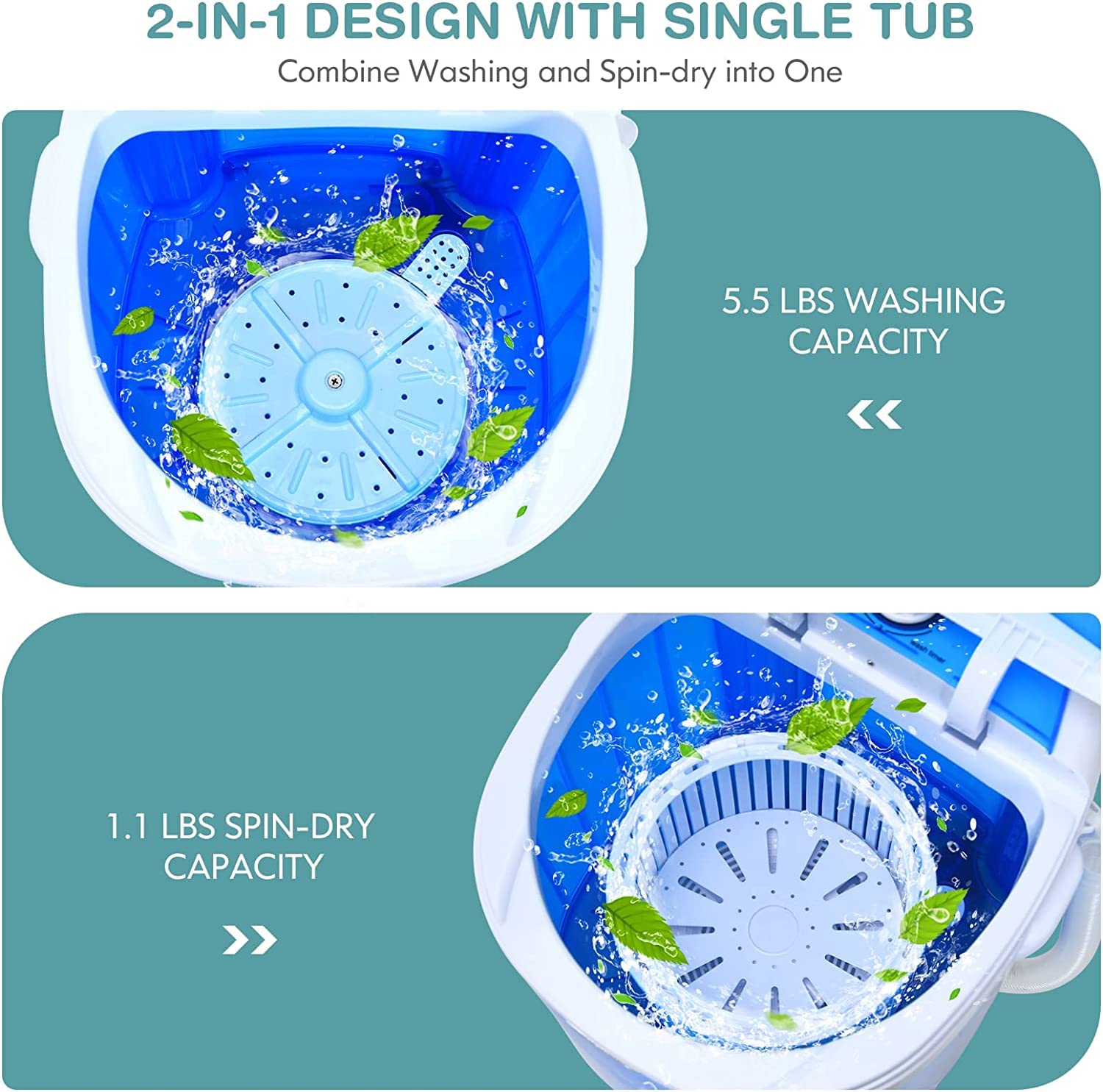 MEDIMALL 5.5lbs Portable Washing Machine with Spin Dryer - Compact Semi-Automatic Washer & Dryer Combo for RV, Camping, Apartment, Dorm - Includes Drain Hose & Spin Basket - Perfect for Small Spaces & Travel Laundry (Blue)