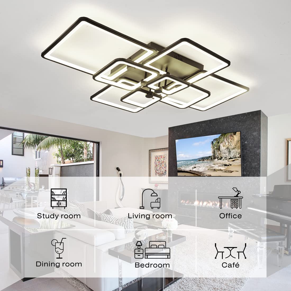 Modern 41.7in Dimmable LED Ceiling Light Fixture - 8 Square Black Flush Mount Light with Remote Control, 120W for Living Room, Bedroom & Dining Room | Energy-Efficient Home Lighting Solution
