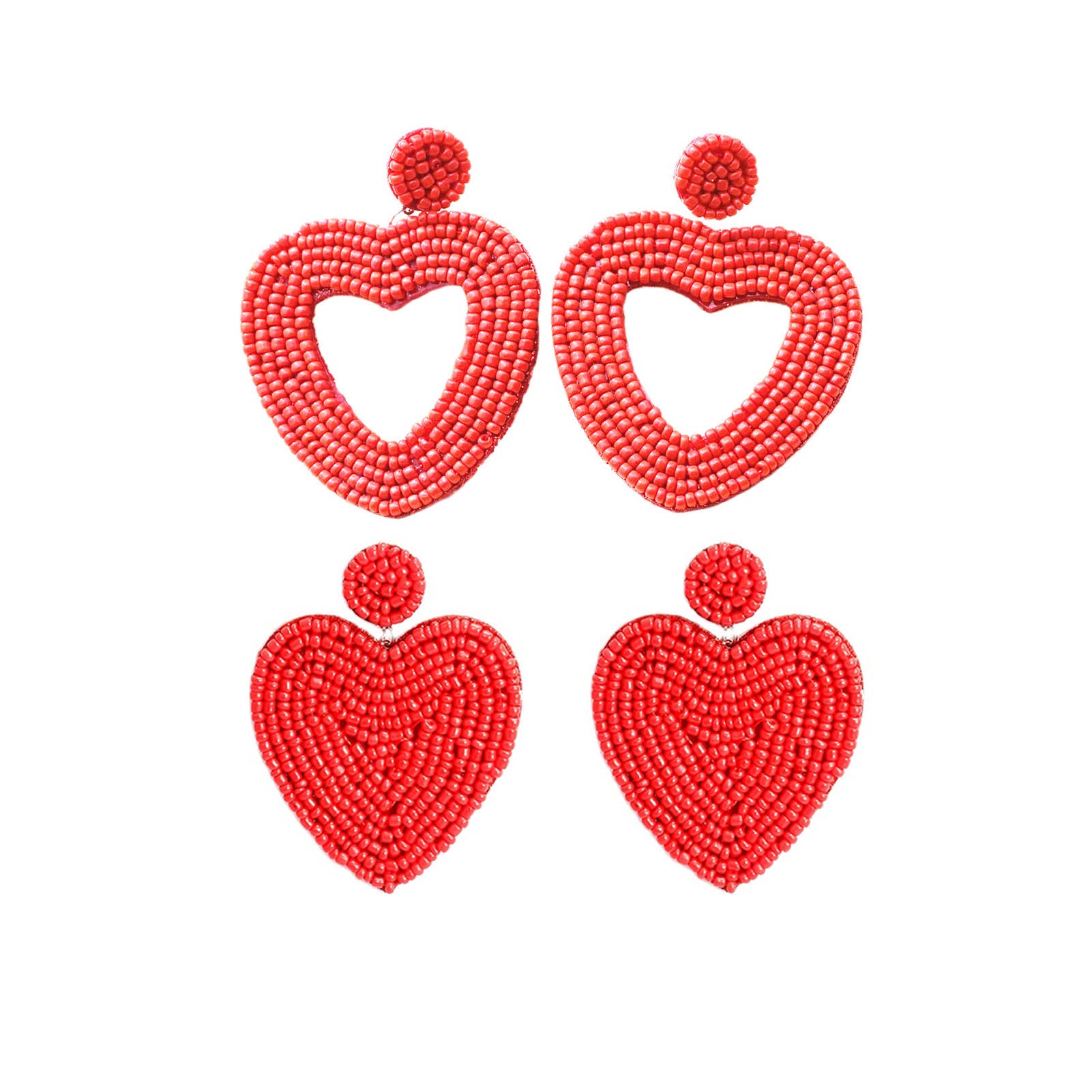 2 Piece/Set Red Love Heart Drop Earrings - Bohemian Statement Beaded Hoop Earrings - Handmade Heart Shaped Jewelry for Women - Perfect for Valentine's Day, Date Night & Boho Fashion Accessories