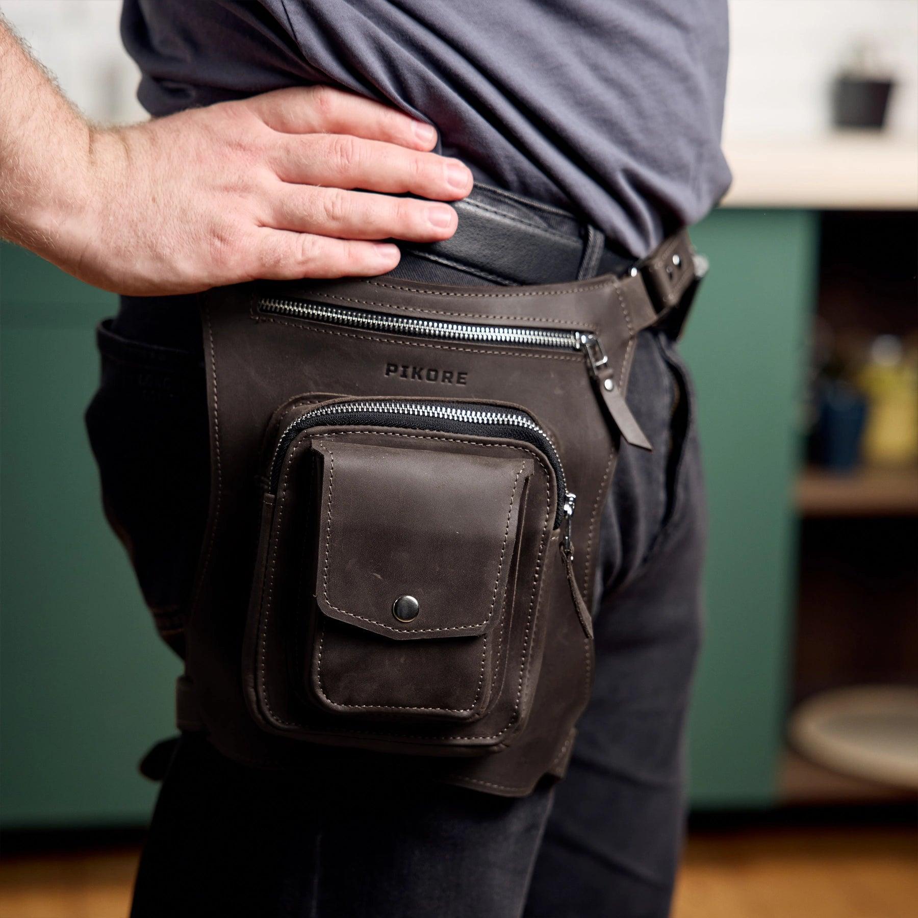 Premium Leather Hip Pack with Adjustable Thigh Strap - Waist Fanny Pack for Travel, Hiking & Outdoor Activities - Hands-Free Crossbody Bag for Men & Women