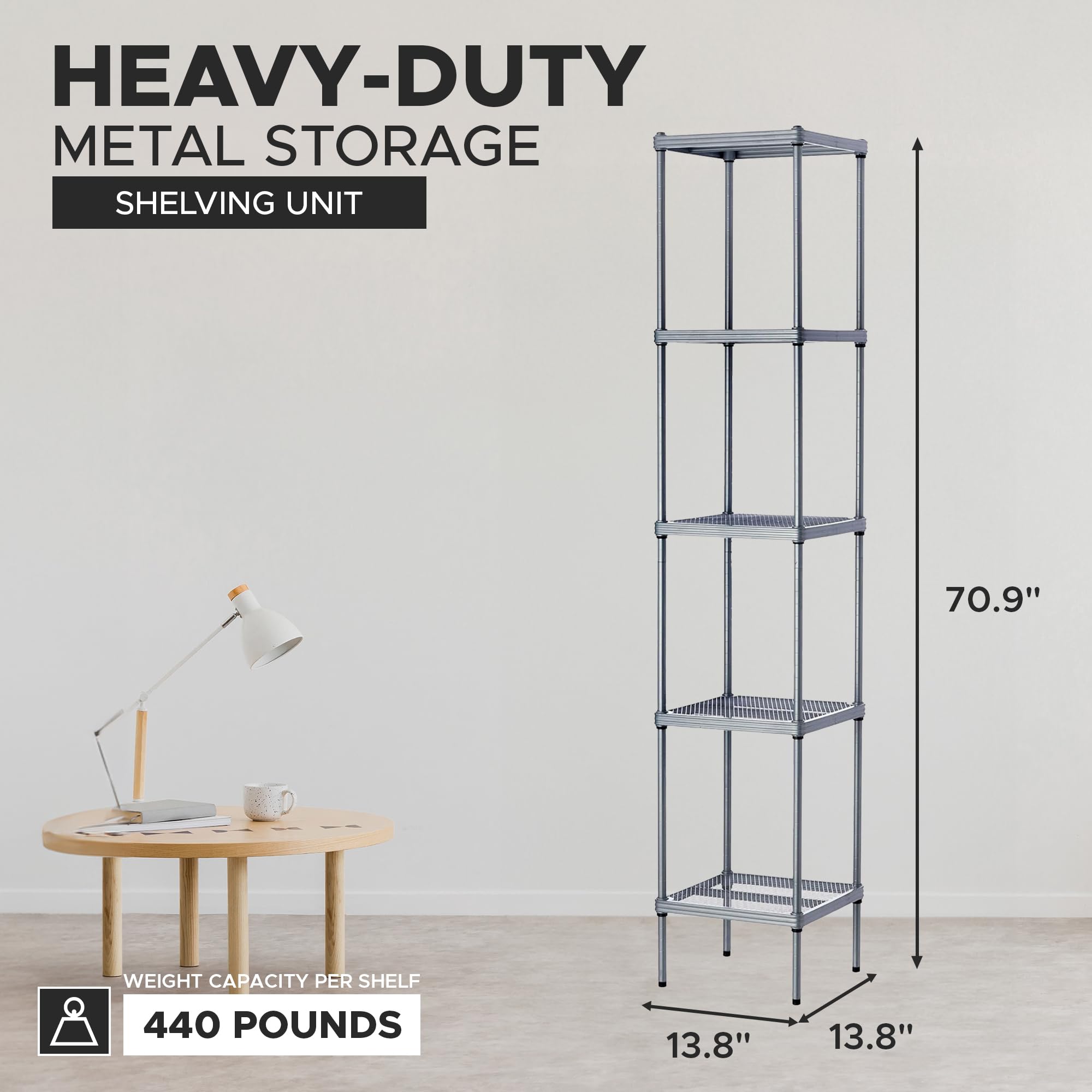 5-Tier Metal Storage Shelves - 13.8”x13.8”x70.9” Silver Organizer Rack for Kitchen, Office, Garage | Space-Saving Shelving Unit for Pantry, Workshop & Home Organization