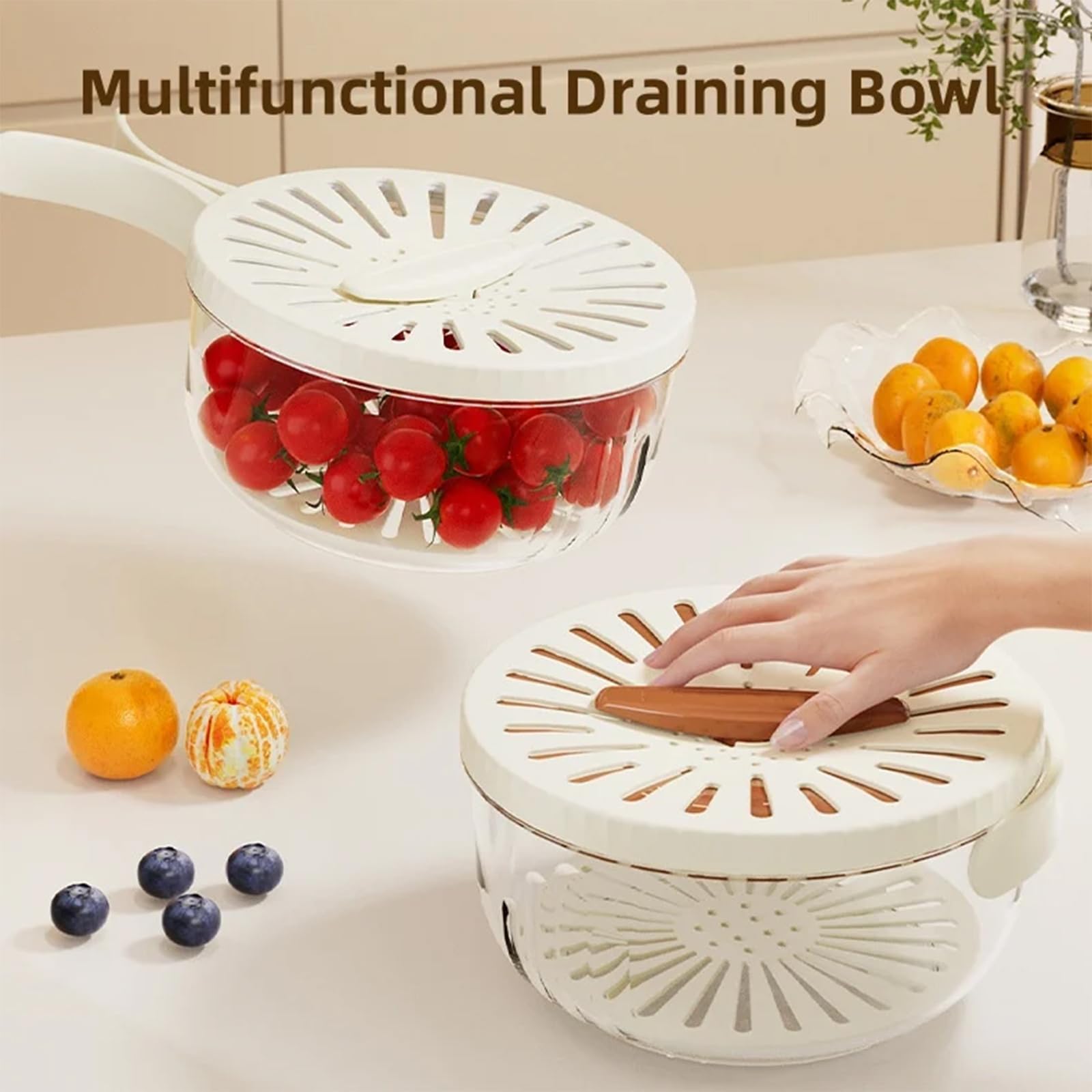 2 in 1 Drainer and Strainer Set - 2024 New Kitchen Draining Basket with Lid, Foldable Handle Fruit Washing Bowl & Colander - Perfect for Washing Vegetables, Berries, Pasta & Salad Prep (2-Piece, White)