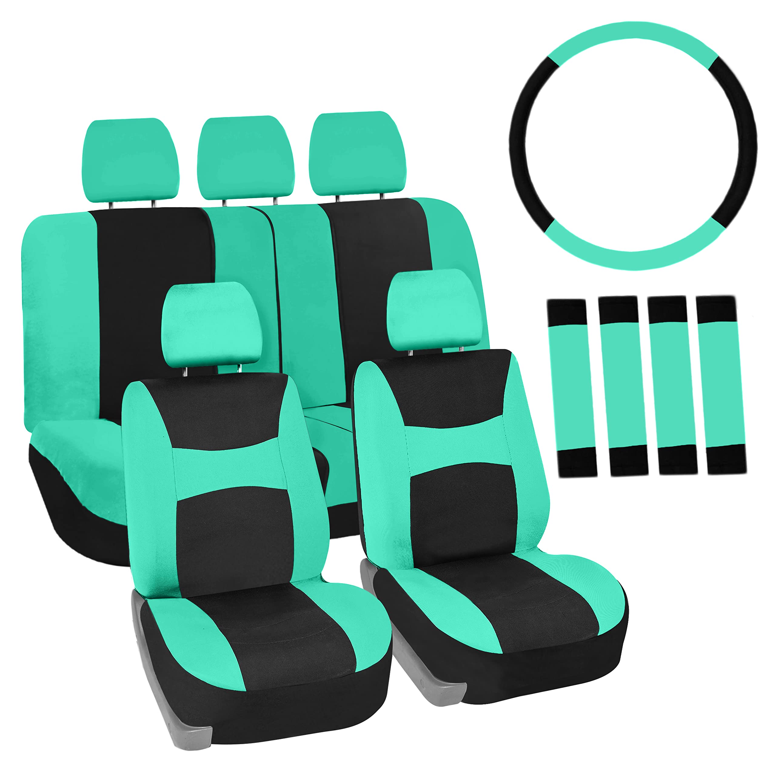 FH Group Light Breezy Cloth Mint Car Seat Covers Combo Set with Luxe Carpet Floor Mats & Steering Wheel Cover - Universal Fit for Cars, Trucks, SUVs | Premium Interior Accessories for Comfort & Style