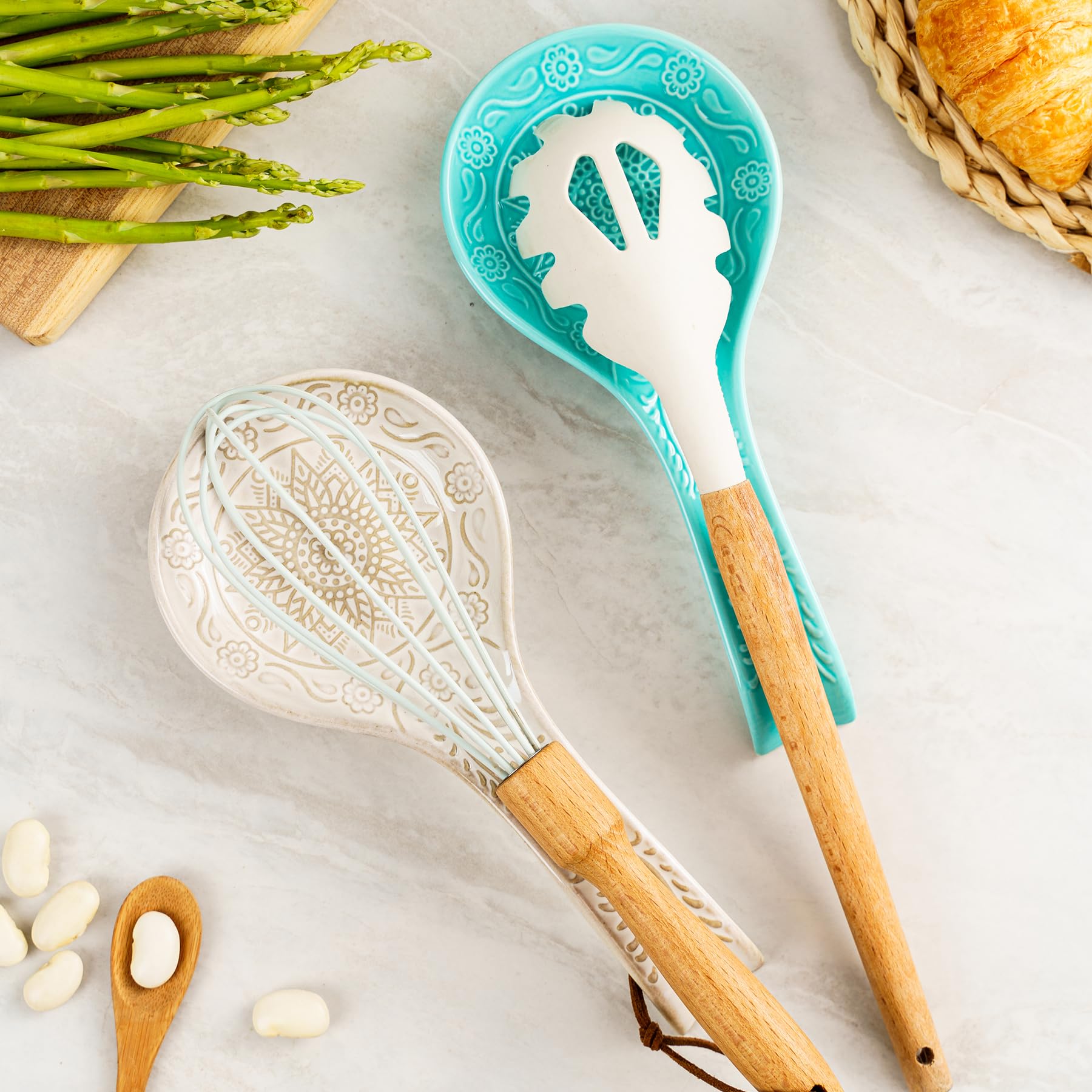 9 Inch Large Ceramic Spoon Rest - Turquoise Kitchen Counter Holder, Dishwasher Safe Kitchen Accessories - Perfect for Cooking, Serving & Organizing Utensils