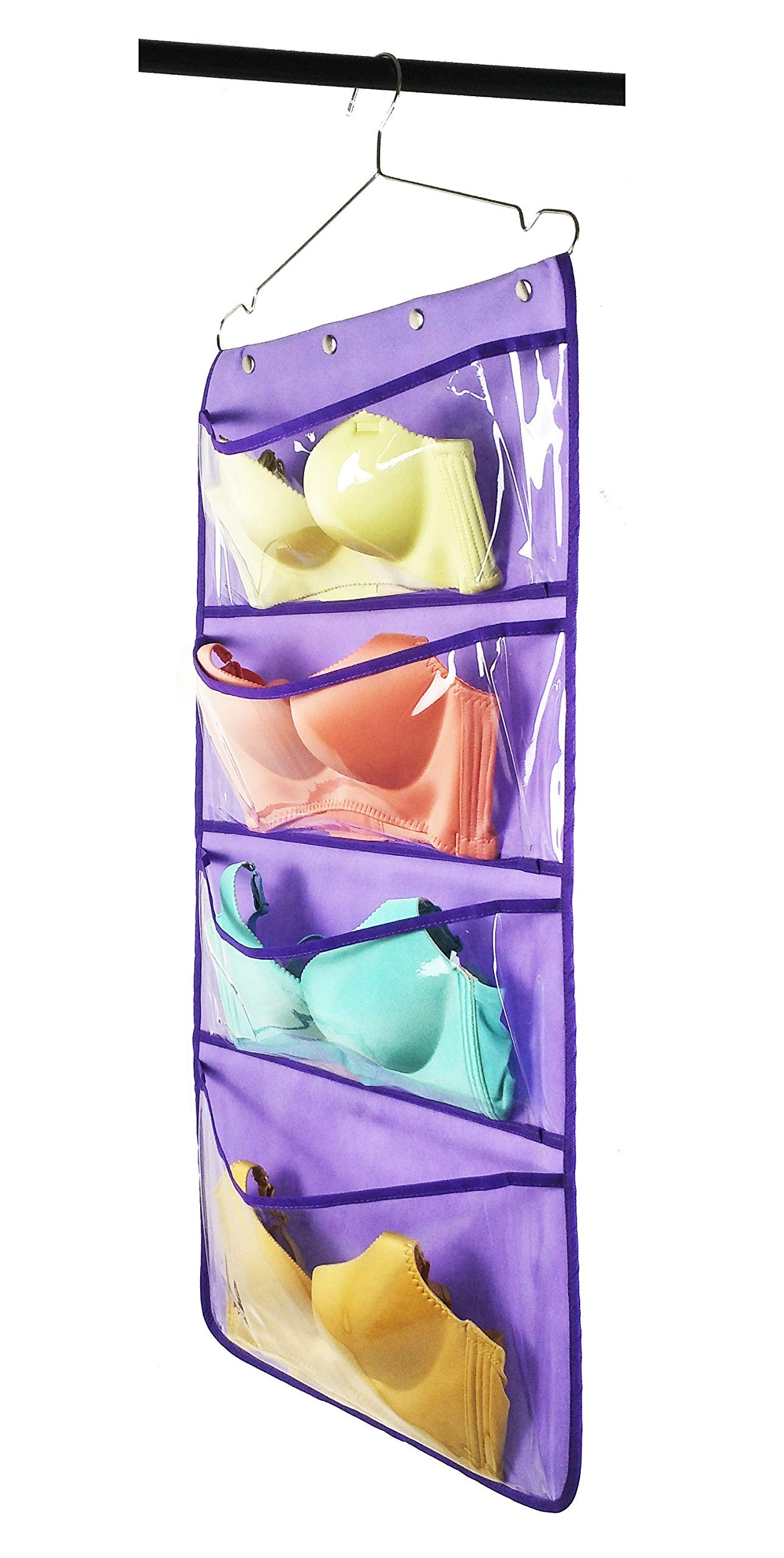 Durable Dual-Sided Hanging Closet Organizer with 12 Large Clear Pockets - Perfect for Underwear, Socks, Bras & Stockings Storage - Space Saving Closet Accessory (Purple) - Ideal for Bedroom, Dorm & Travel Organization