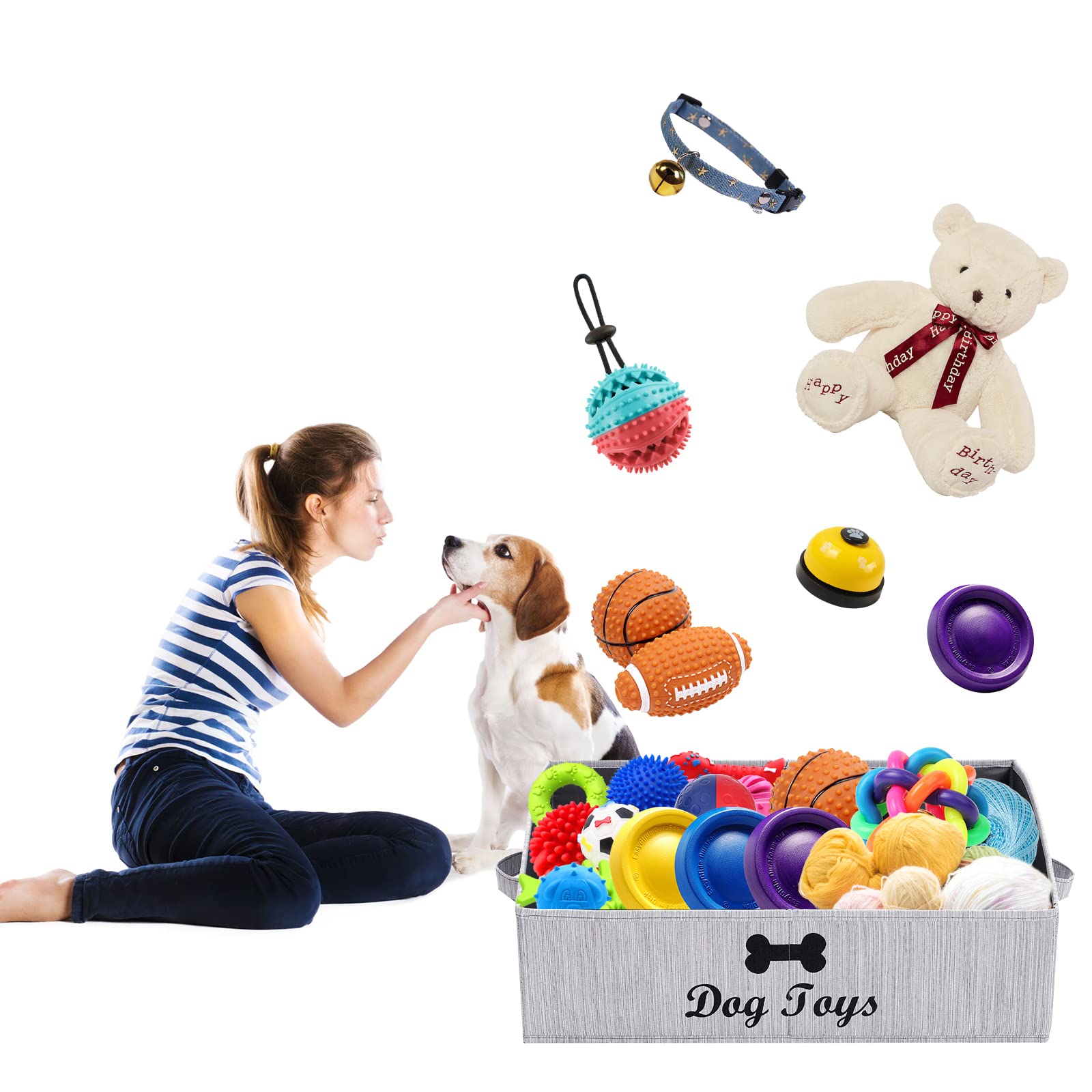 Linen-Cotton Blend Dog Toy Basket & Storage Box for Pet Toys, Blankets, Leashes, Rope Toys - Slub Gray - Perfect for Pet Organization in Living Room, Bedroom or Nursery