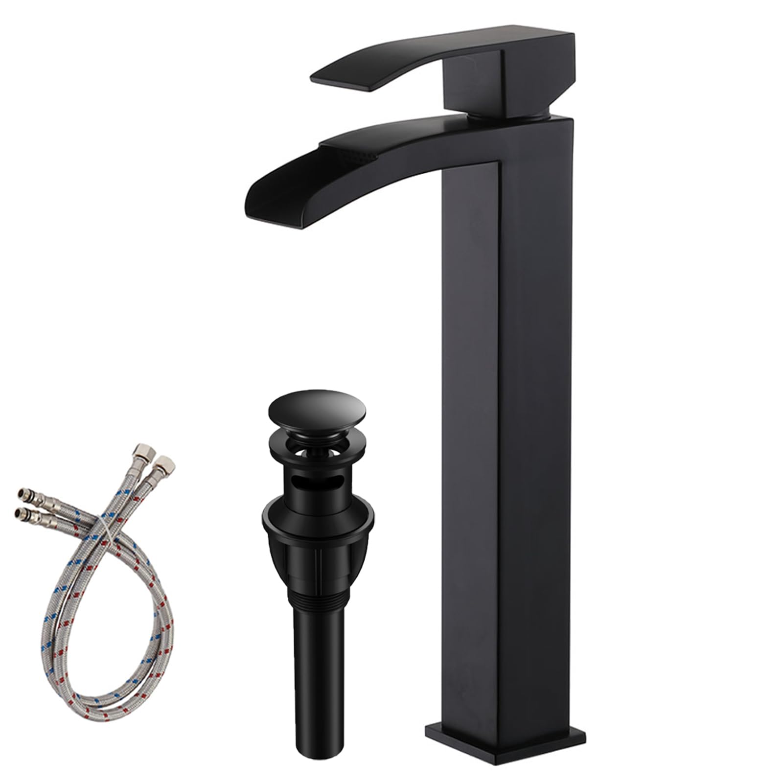 Black Single Handle Waterfall Vessel Sink Faucet with Pop-Up Drain - Tall RV Bathroom Faucet for Vanity Sink, Includes Two 3/8