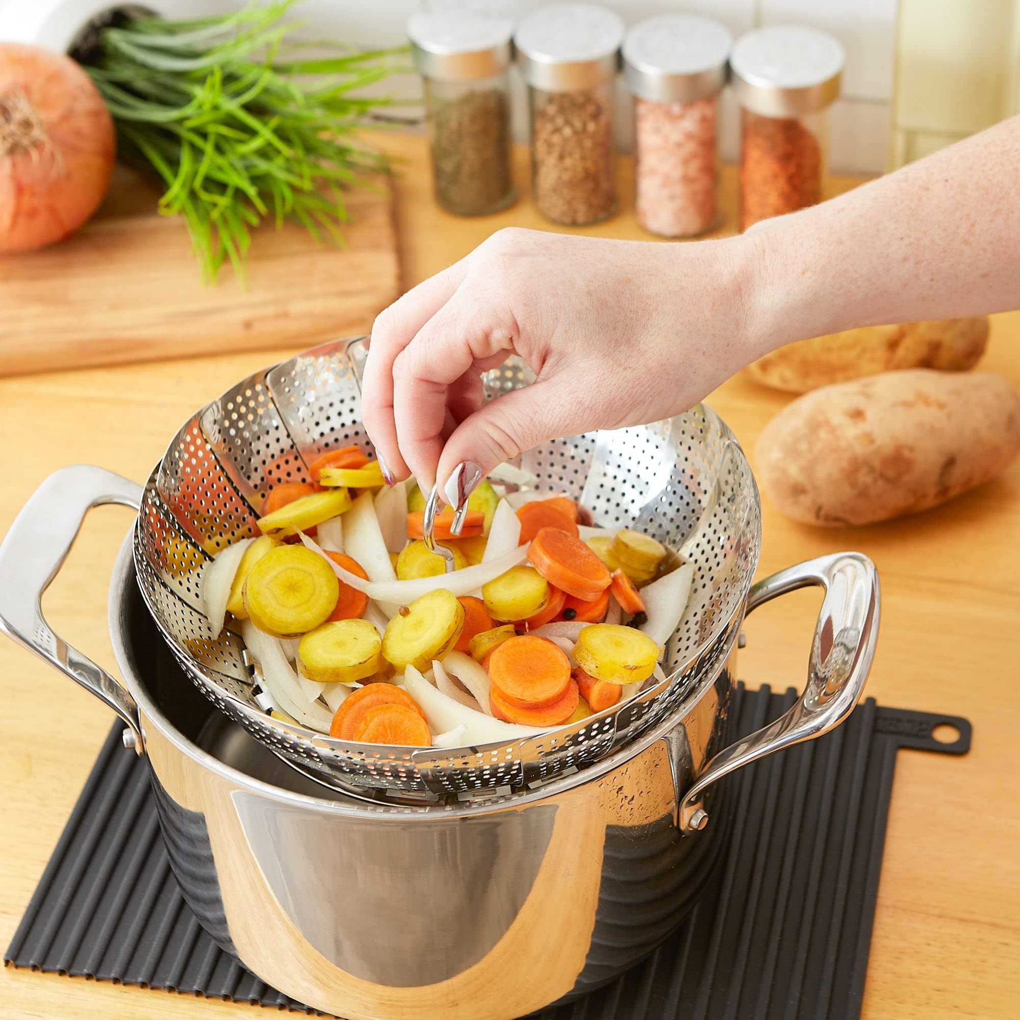 RSVP INTERNATIONAL Small Steam Basket - Durable Stainless Steel Steamer for Vegetables, Dumplings & Seafood - Perfect for Healthy Cooking & Meal Prep