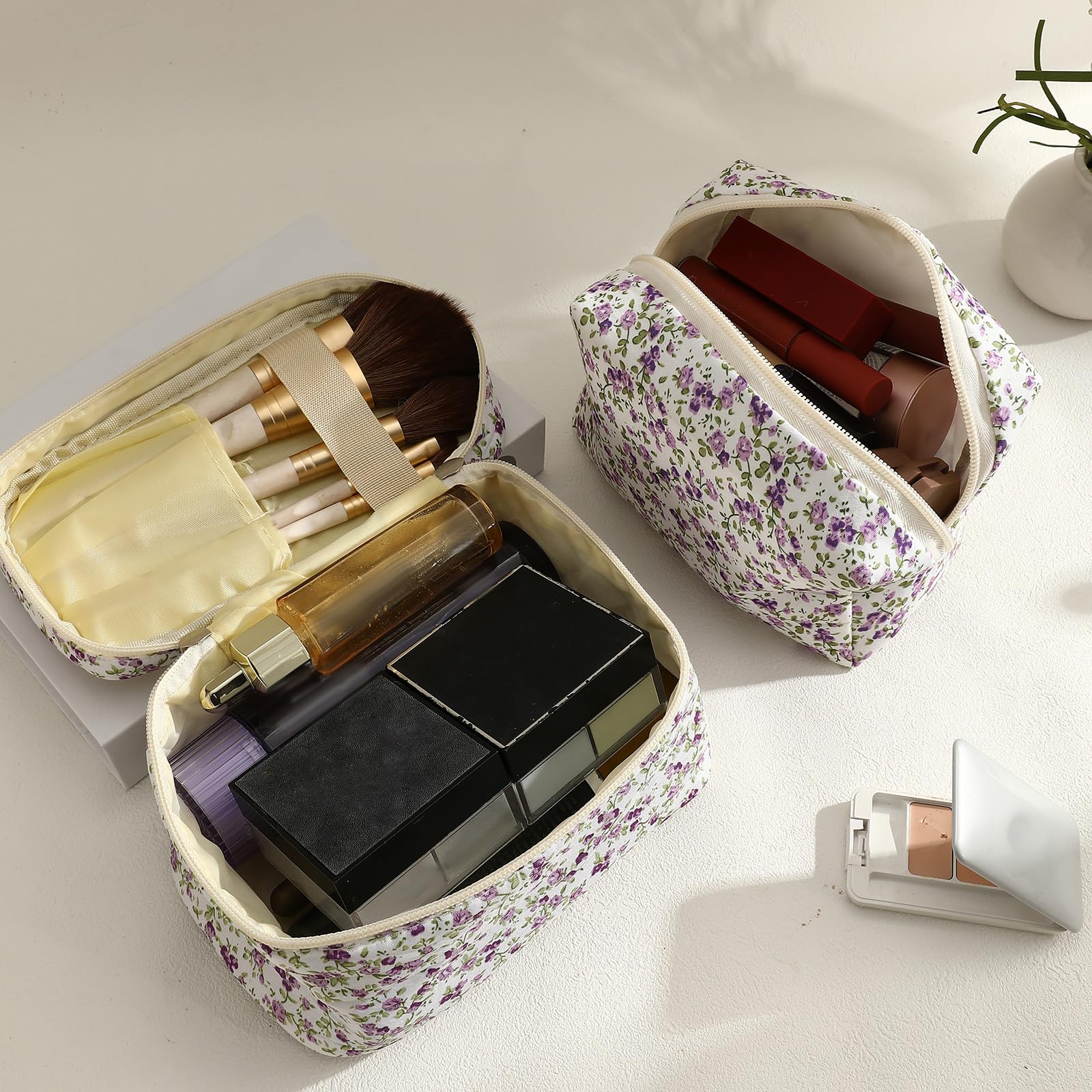 LYDZTION 2PCS Floral Makeup Bags for Women - Cute Cotton Cosmetic Organizer Pouch, Travel Makeup Storage Bag, Aesthetic Coquette Purse for Toiletries & Beauty Essentials - Perfect for Travel, Gym & Daily Use (Purple)