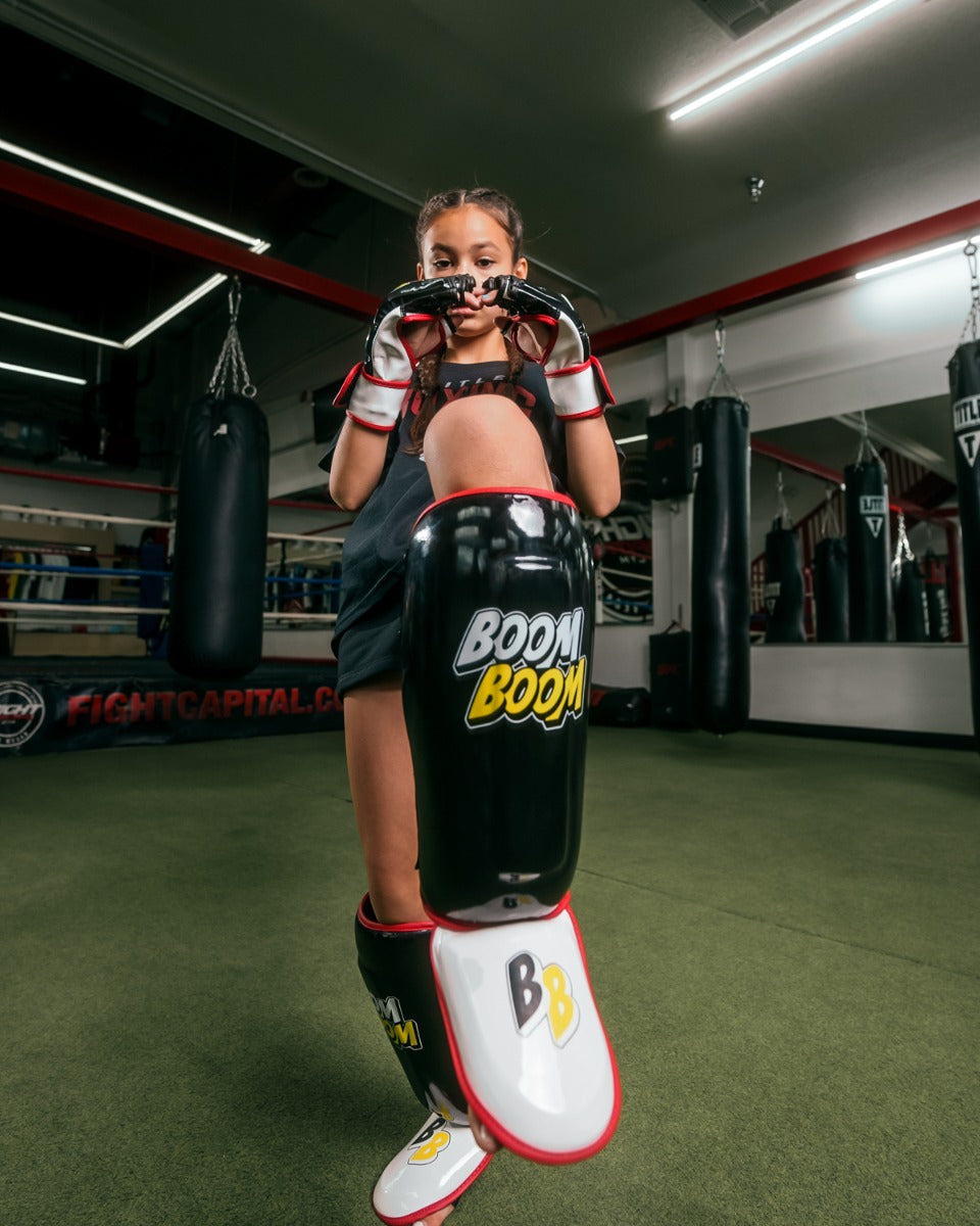 BOOM BOOM Boxing Bomber Youth Shin Guards - Kids & Teens MMA, Muay Thai, Kickboxing Protective Gear for Training & Competition