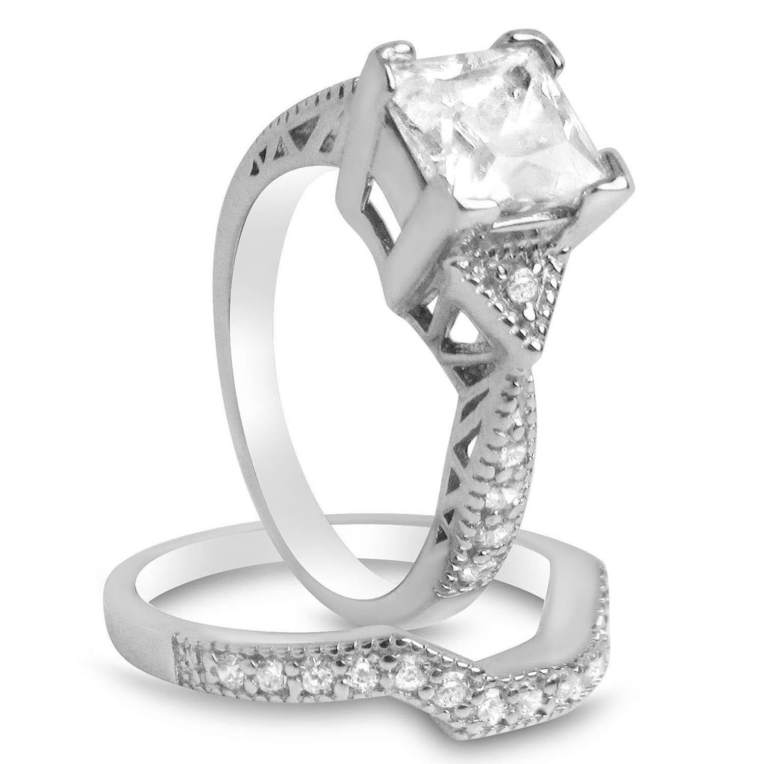 Princess Cut Wedding Ring Set for Couples - His & Her Matching Black Band Engagement Rings - Perfect for Anniversaries, Proposals & Romantic Occasions