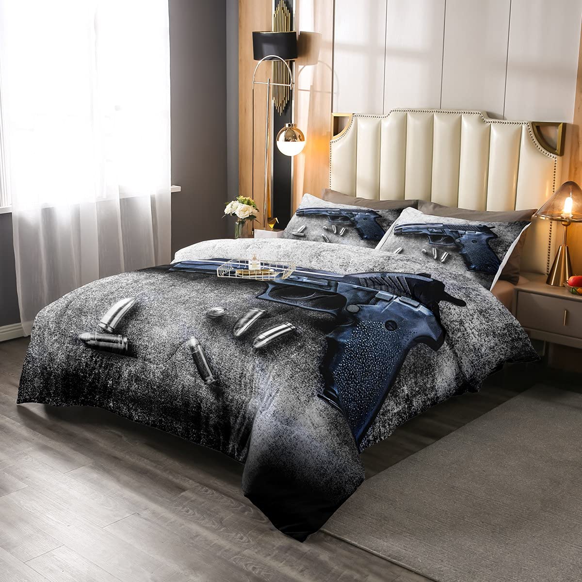 Military Gun Comforter Set - 3D Printed Handgun Design King Size Bedding with 2 Pillowcases for Boys, Girls & Adults | Tactical Bedroom Decor for Gun Enthusiasts & Patriotic Home Styling