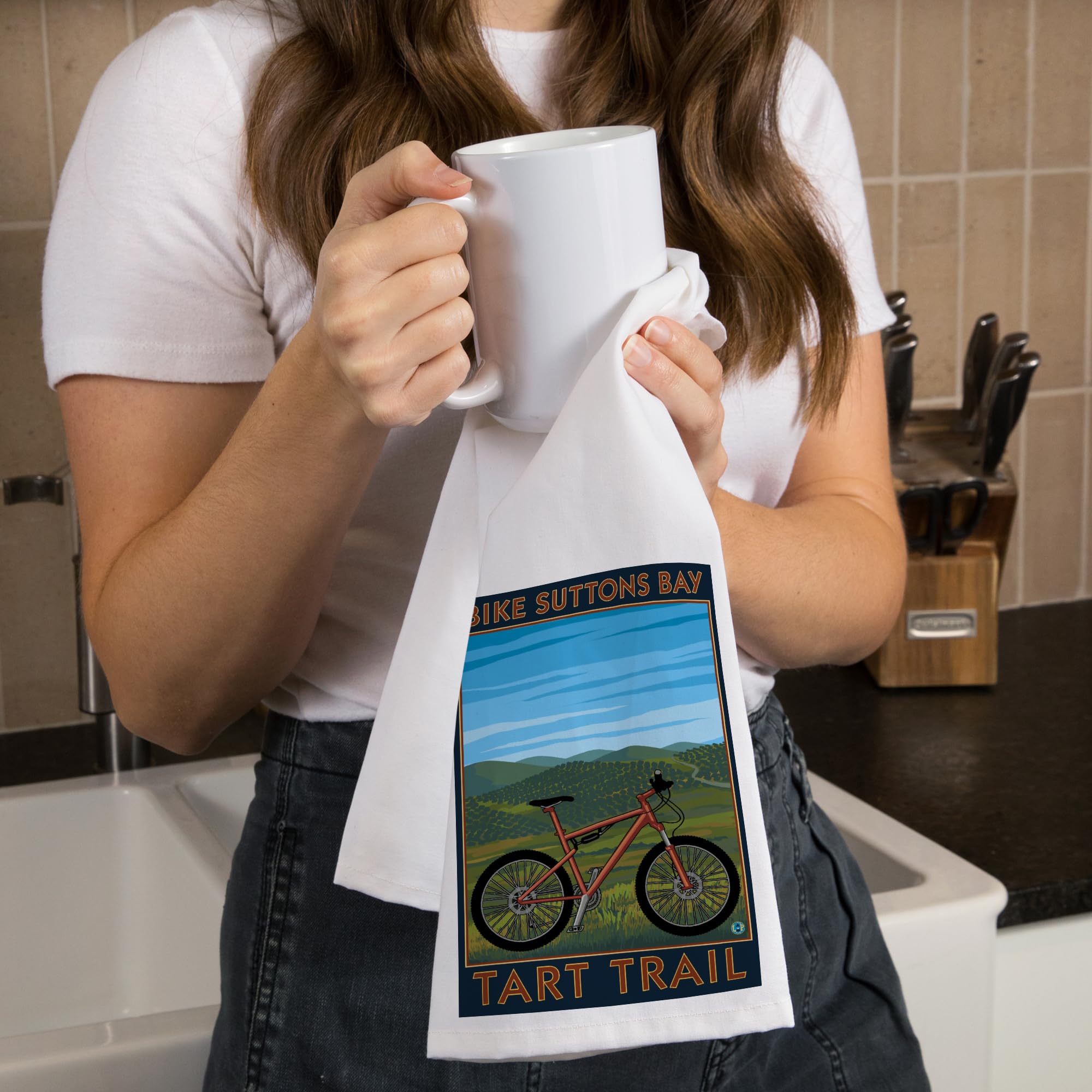 Lantern Press Suttons Bay Michigan Mountain Bike Print - 100% Cotton Tea Towel & Decorative Hand Towel for Kitchen, Bathroom & Home Decor | Perfect for Gifts, Farmhouse Style & Coastal Living