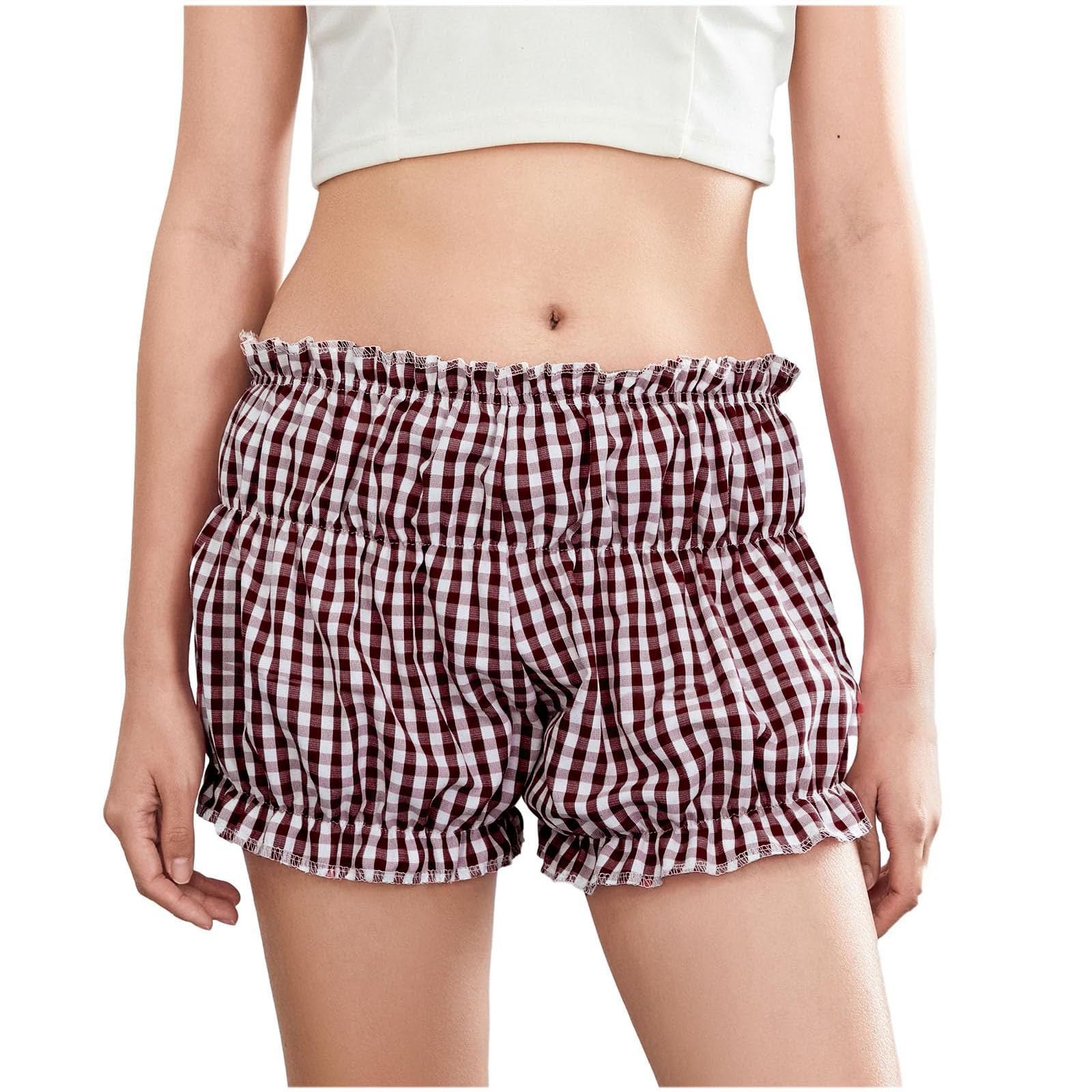 Y2K Gingham Shorts for Women - Ruched Ruffle Plaid Hot Shorts, Cute Sweet Lolita Layered Bottoms | Perfect for Pajamas, Underwear, Summer Outfits & Casual Wear