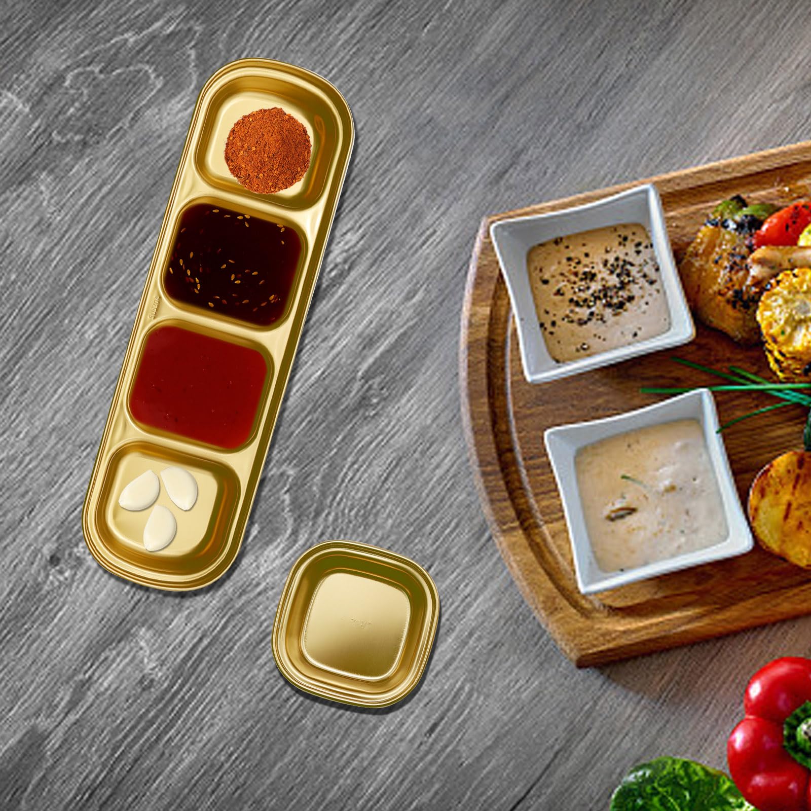 4 Pcs Stainless Steel Divided Dipping Plates - 1/2/3/4 Compartment Sauce Bowls for Soy, Vinegar & Spices | Condiment Tray for Home, Restaurant & Party Snacks | Perfect for Sushi, Dumplings & BBQ Dips