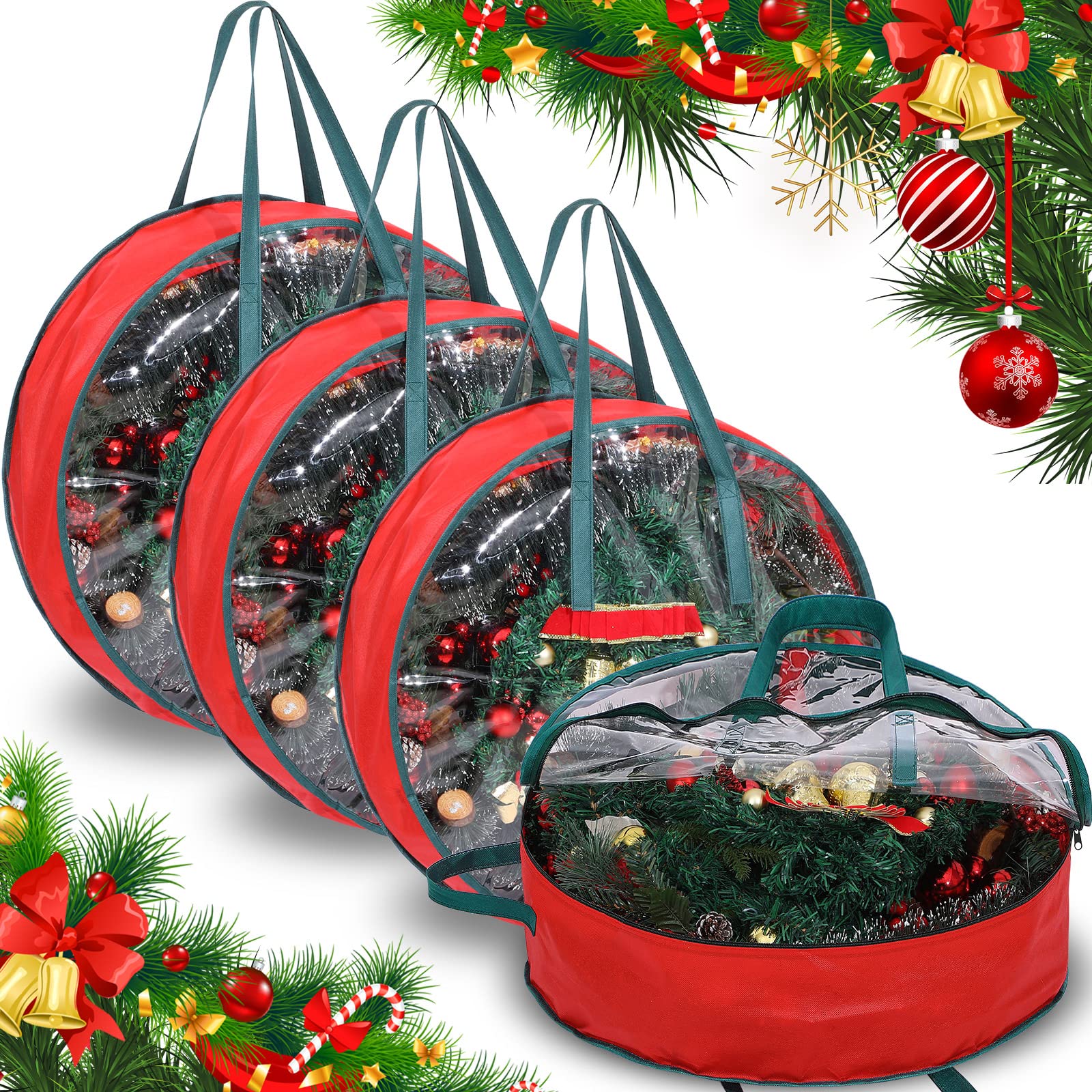 Shappy 4-Piece Clear Christmas Wreath Storage Bags with Handles & View Window - 24 Inch Holiday Decoration Organizer for Xmas Garlands, Wreaths & Seasonal Decor - Perfect for Attic, Basement & Closet Organization