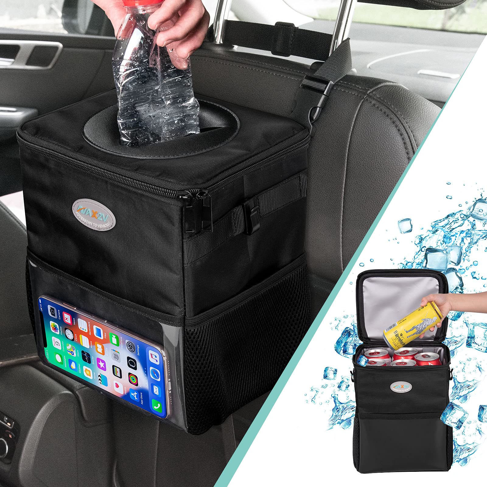 AX2V Leak-Proof Car Trash Can with Lid & Storage Pockets - Collapsible Hanging Trash Bin Organizer for Car, SUV, Van - Perfect for Road Trips, Commuting & Family Travel