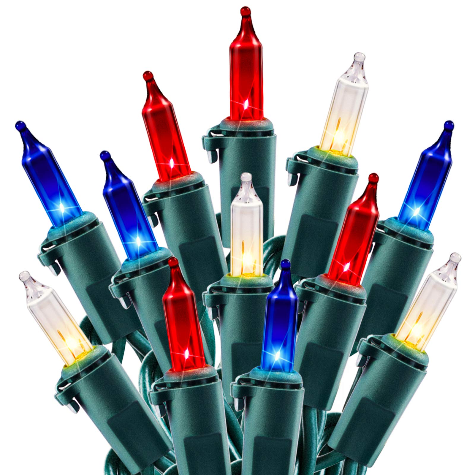Red White Blue Christmas Lights with Green Wire - 100 Count Patriotic Mini String Lights for 4th of July, Independence Day, Xmas Holiday Decorations | Waterproof for Indoor & Outdoor Use - Perfect for Patio, Party, and Holiday Celebrations
