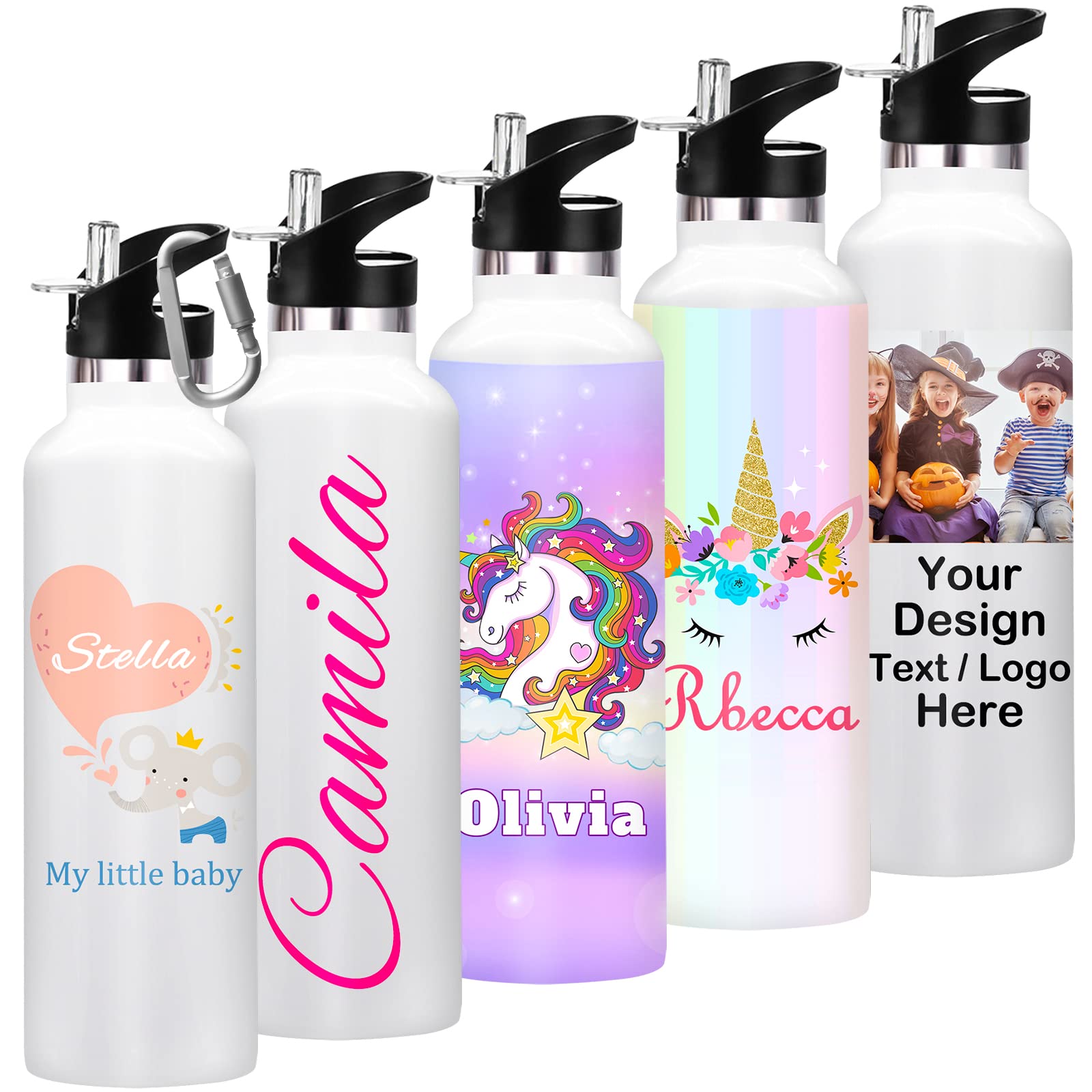 Custom Insulated Water Bottles 10 Pack with Straw - Personalized Name Text (26oz/12oz) - Bulk School Supplies, Gym, Office & Outdoor Activities Hydration Bottles