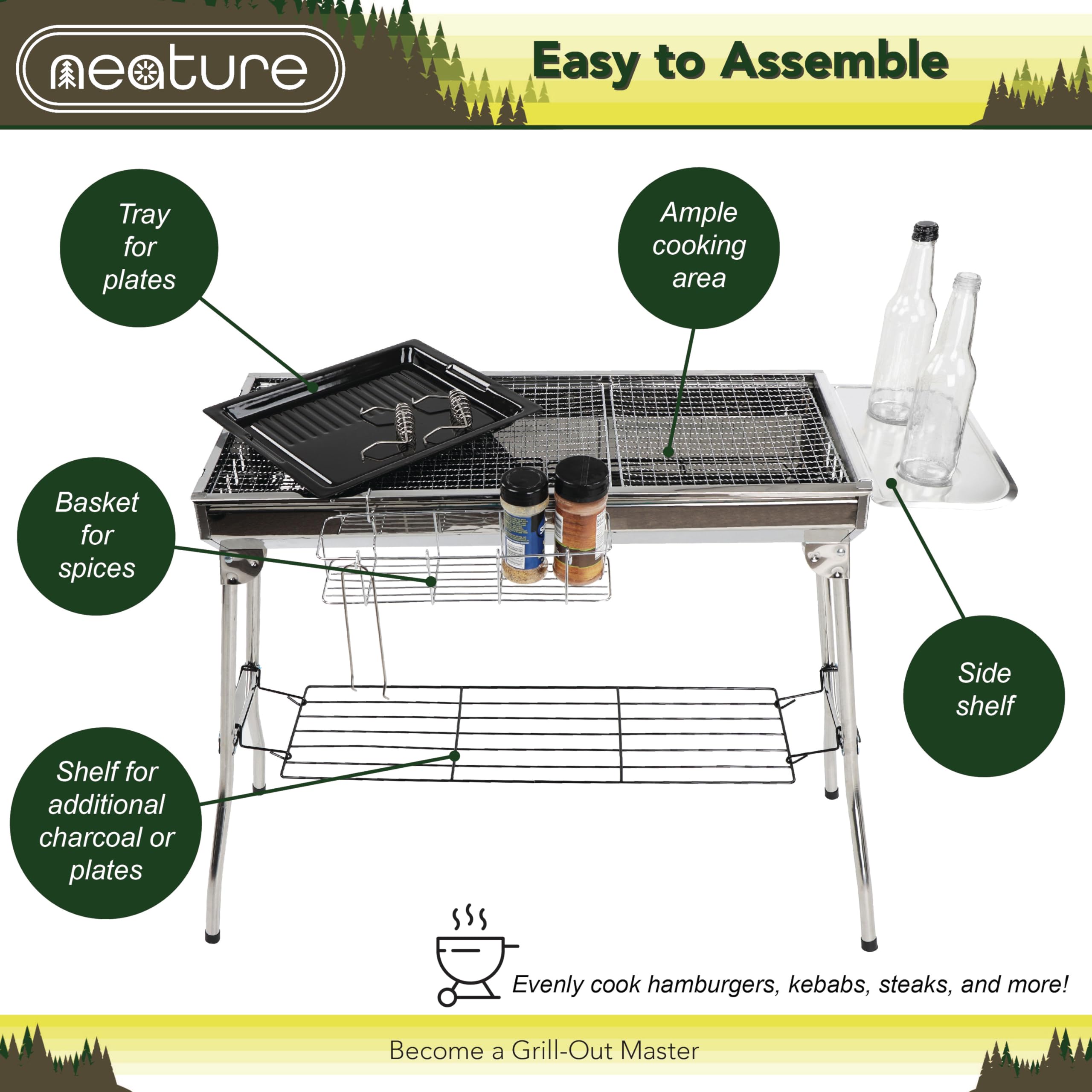 Portable Charcoal Grill for Camping & Backyard - 26.8 Inch Tall Foldable BBQ Grill with Adjustable Height for Outdoor Cooking, Picnics, Tailgating and Home Use