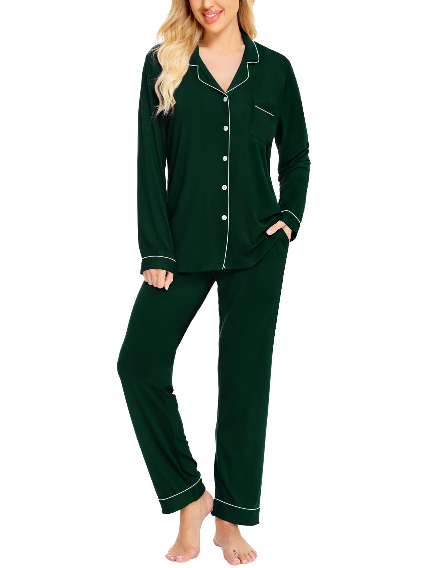 SWOMOG Women's Cotton Pajama Set - Long Sleeve Button Down Sleepwear & Loungewear - Soft Comfy PJs for Sleeping, Relaxing at Home or Traveling
