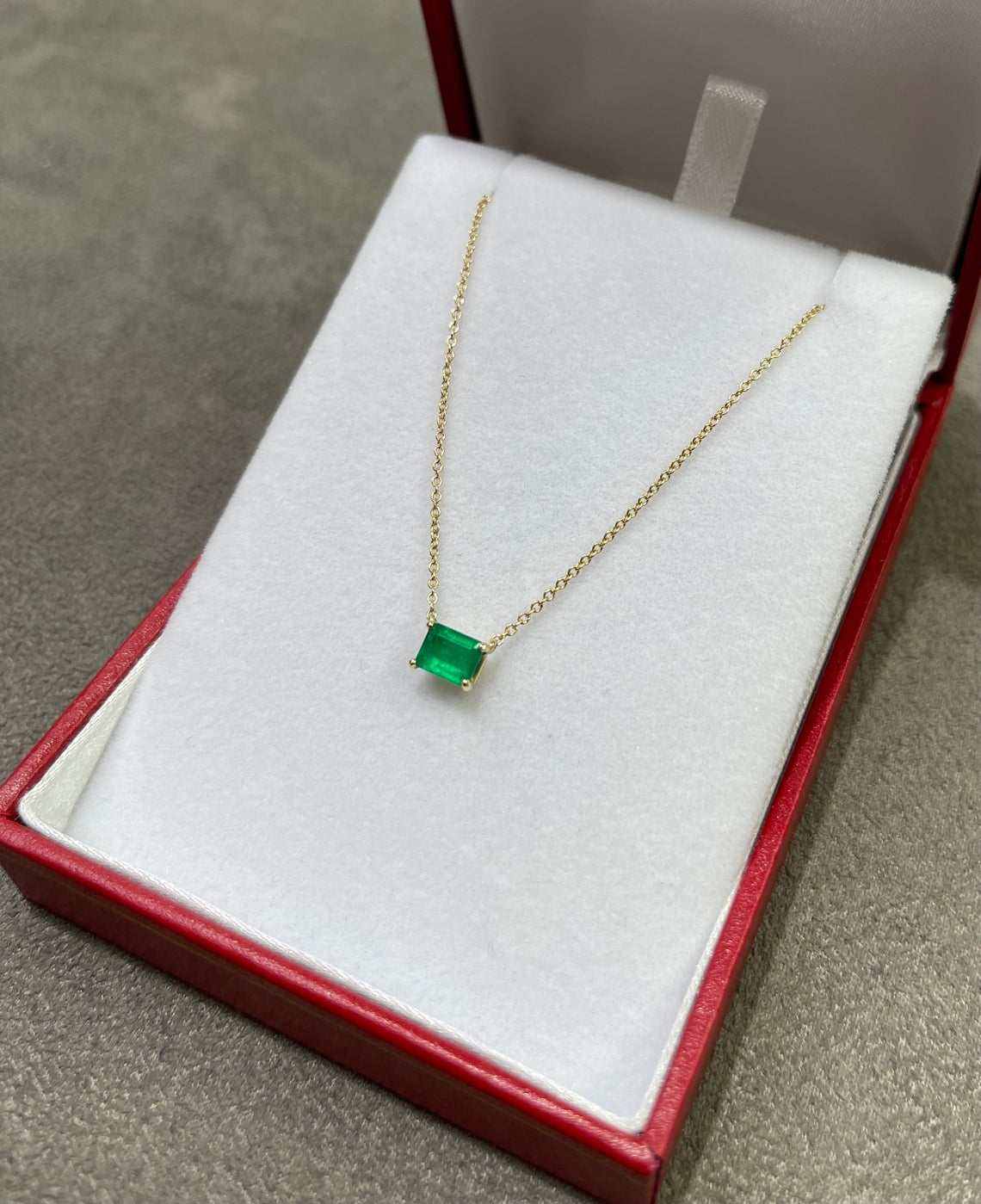 1.10ct Medium Rare Dark Green Emerald Cut East to West 4 Prong Necklace 14K Gold - Elegant Emerald Jewelry for Women, Perfect for Weddings, Anniversaries & Special Occasions