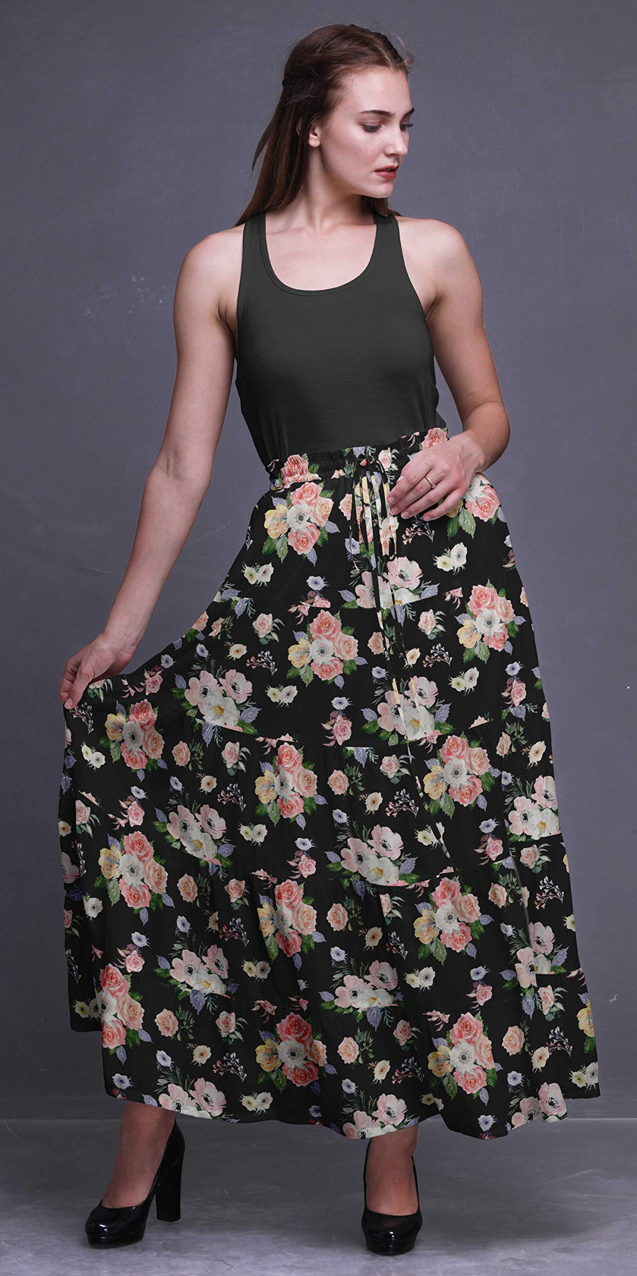 Boho Printed Long 5-Tier Cotton Skirt for Women | Flowy Maxi Skirt with Elastic Waistband | Perfect for Beach, Vacation & Summer Outfits