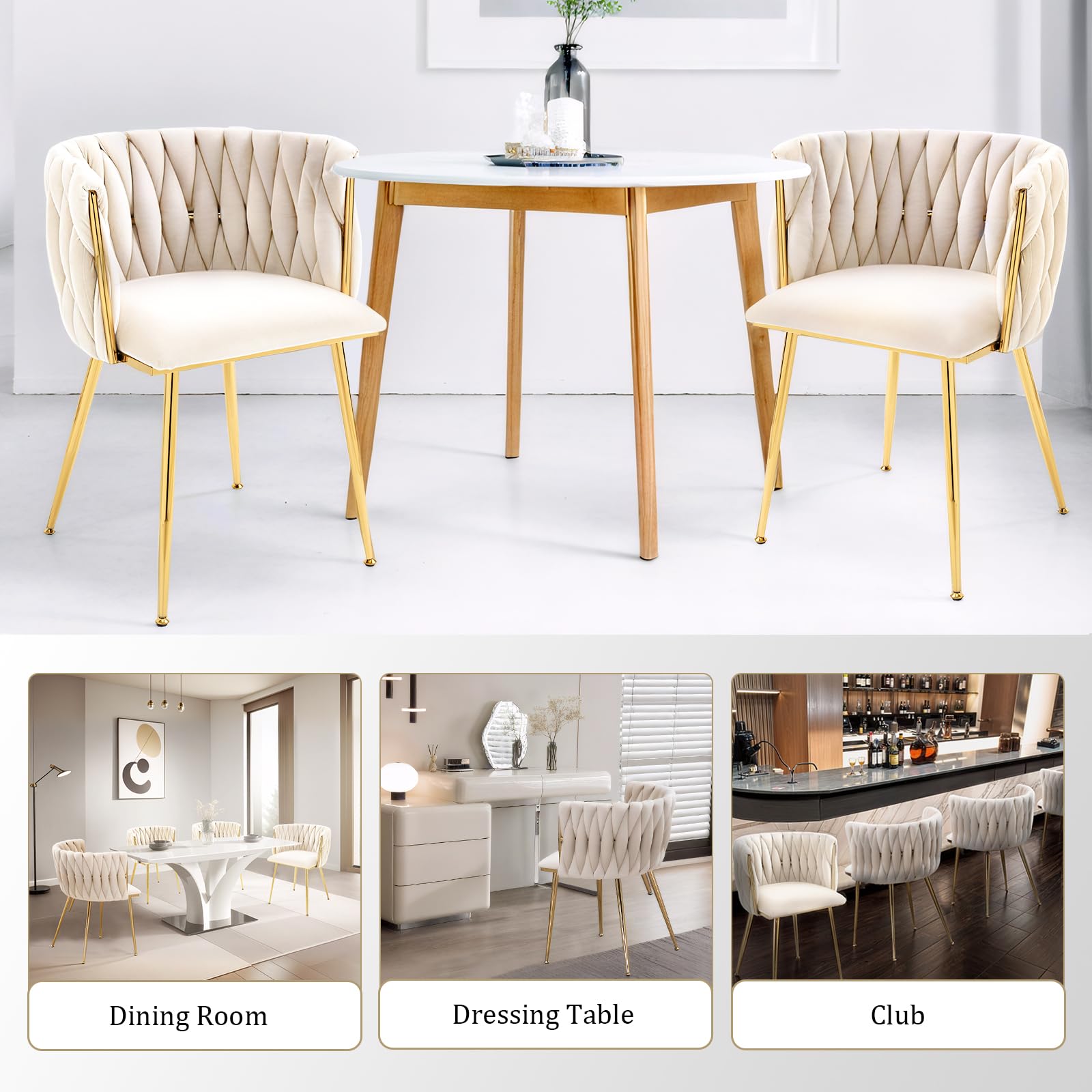 Luxury Velvet Dining Chairs Set of 2 - Modern Accent Chairs with Gold Metal Legs & Woven Upholstery for Living Room, Bedroom, Kitchen - Perfect for Home Decor, Dinner Parties & Cozy Seating