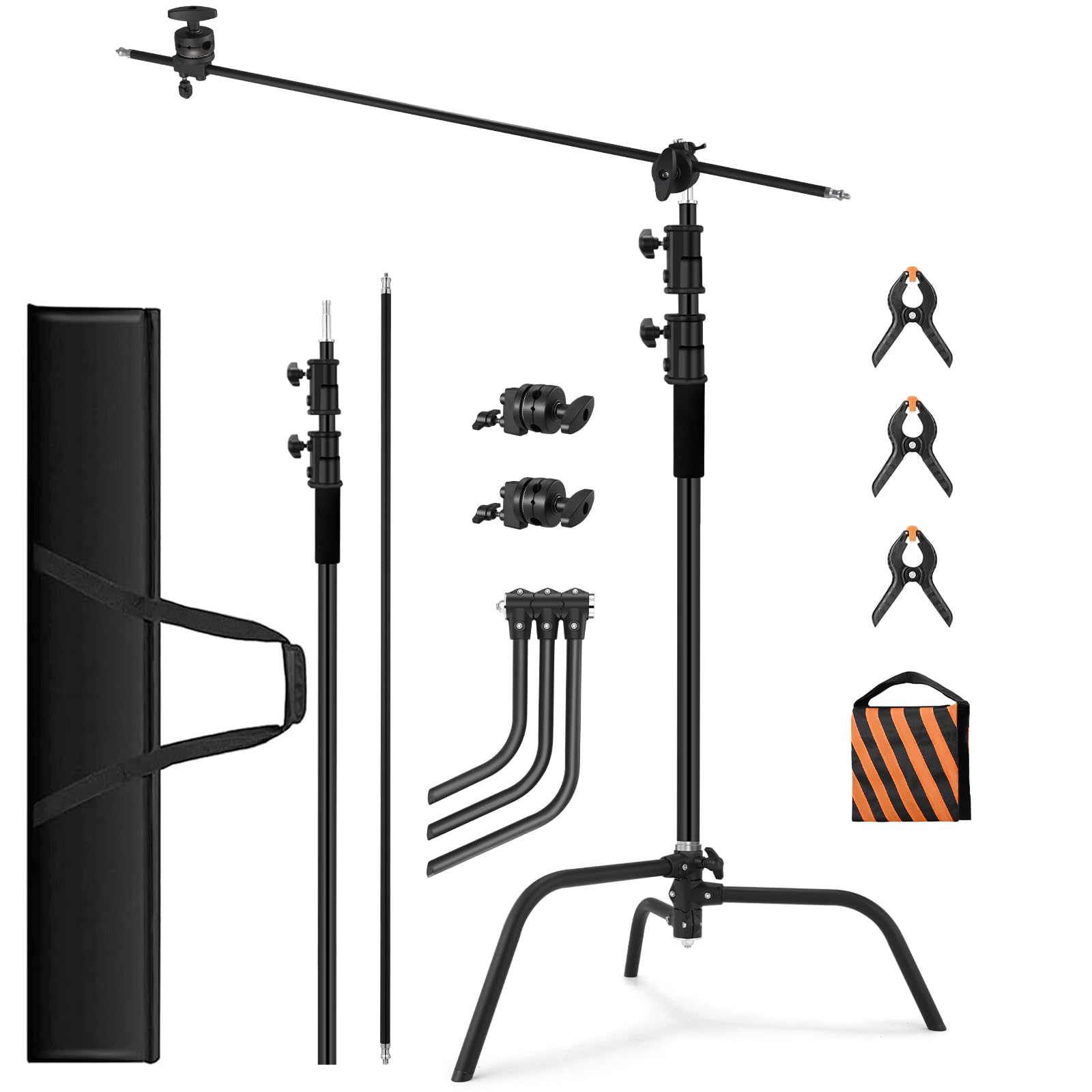 Heavy Duty 10.8ft/330cm Stainless Steel C Stand with 4.2ft/128cm Holding Arm & Carry Bag - 44LB/20KG Load Capacity Adjustable Studio Light Stand for Photography, Video, Monolight & Softbox Shooting - Perfect for Studio, Outdoor & On-Location Productions
